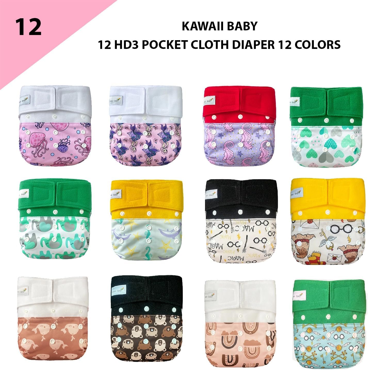 12 pañales de tela Kawaii HD3 talla única para bebé + 24 insertos súper absorbentes de 8 a 36 libras unisex, el mejor pañal de tela para guardería