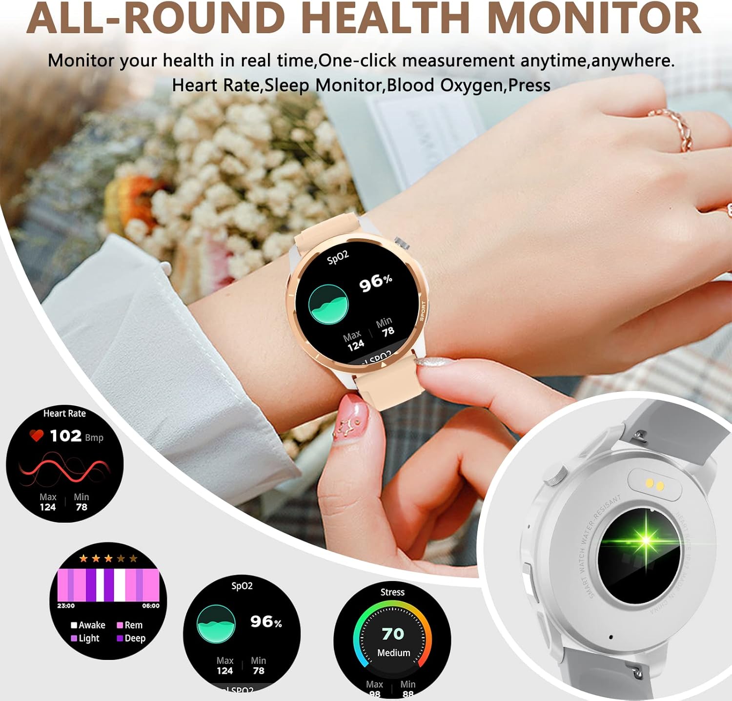 Wwzzey Reloj inteligente para mujer (hacer llamadas y responder llamadas), IP68 resistente al agua con podómetro, notificación de mensajes,