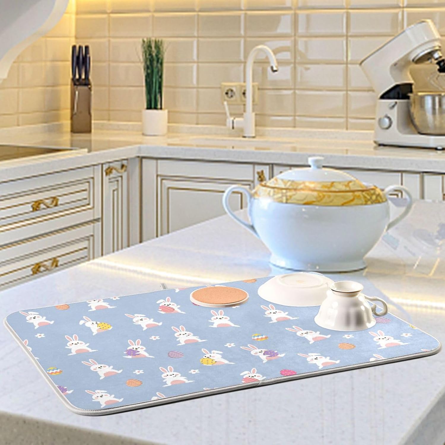 Happy Bunny Easter Eggs Dish Mat Washnable Absorbent Kitchen Mat Counter Dry Matt Tapete Para Cocina 16” x 18”