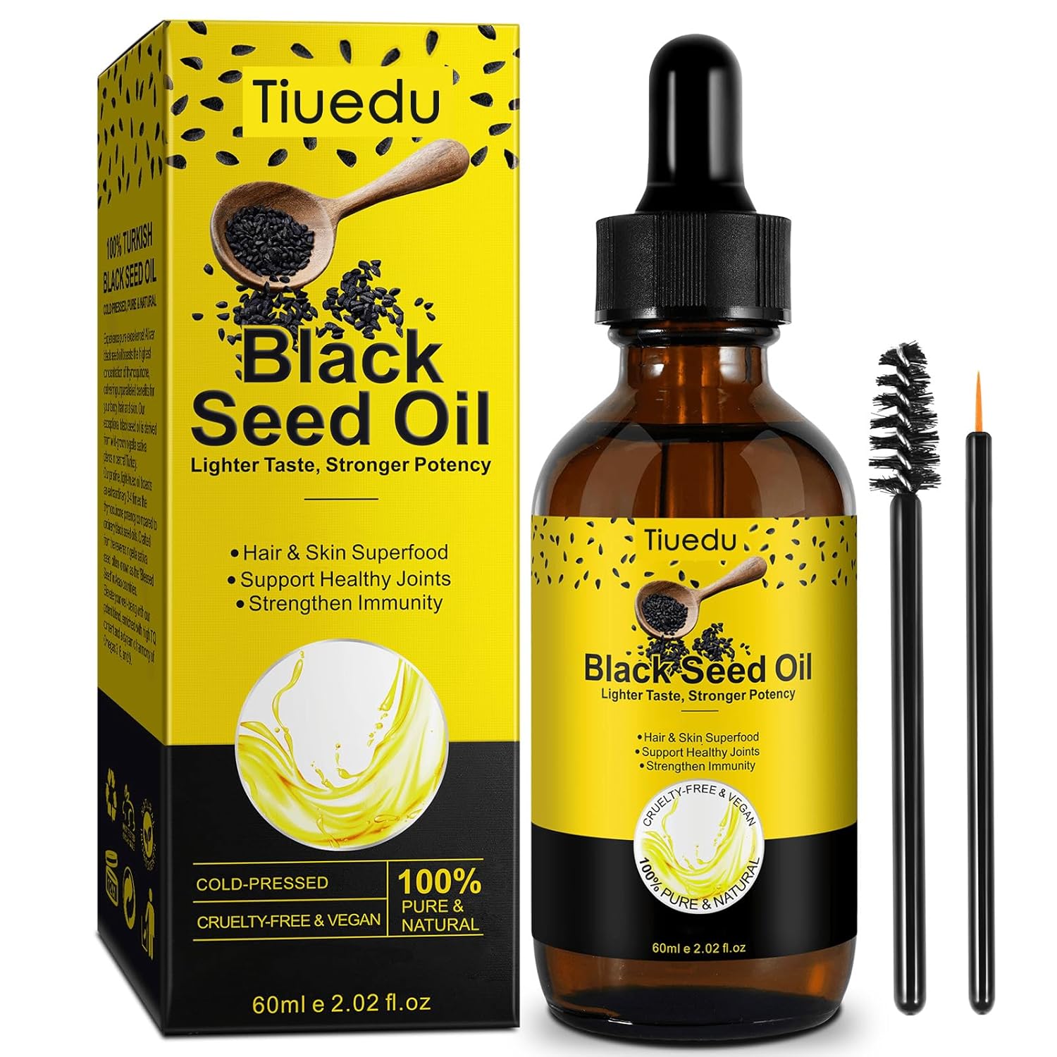 Tiuedu Aceite de semilla negra orgánica para cabello, cuerpo y piel, 100% puro, aceite de semilla negra prensado en frío, mejor para articulaciones