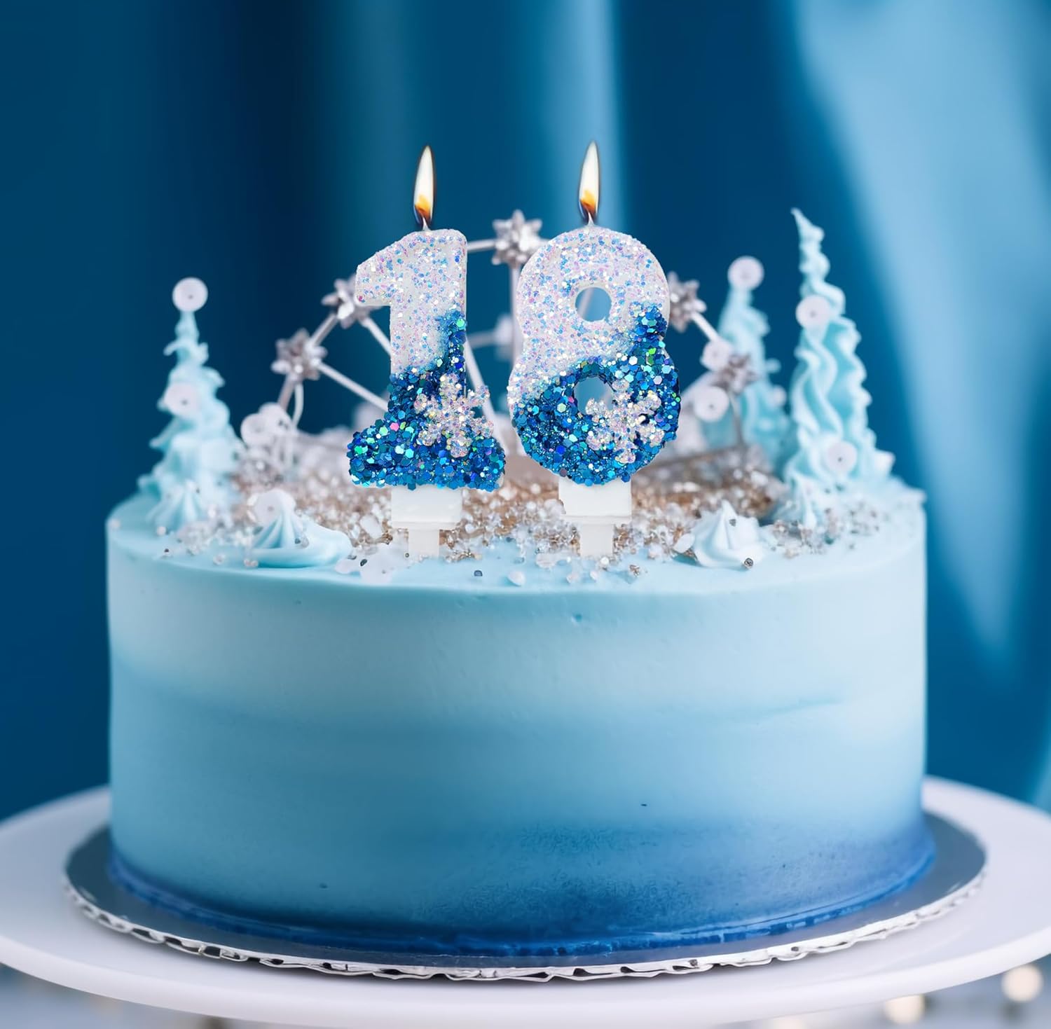 Velas de cumpleaños azules 4, velas de cumpleaños número 4 con purpurina azul y blanca con suministros de fiesta de copo de nieve