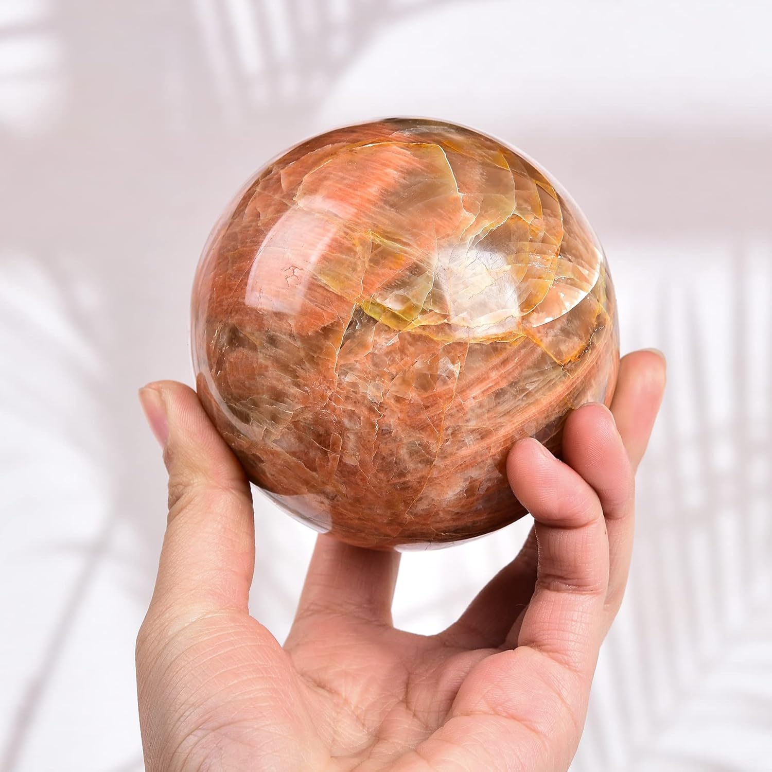 AMOYSTONE Bola de cristal grande de piedra lunar naranja natural, bola de cristales curativos, bola de adivinación de piedra pulida, bola decorativa
