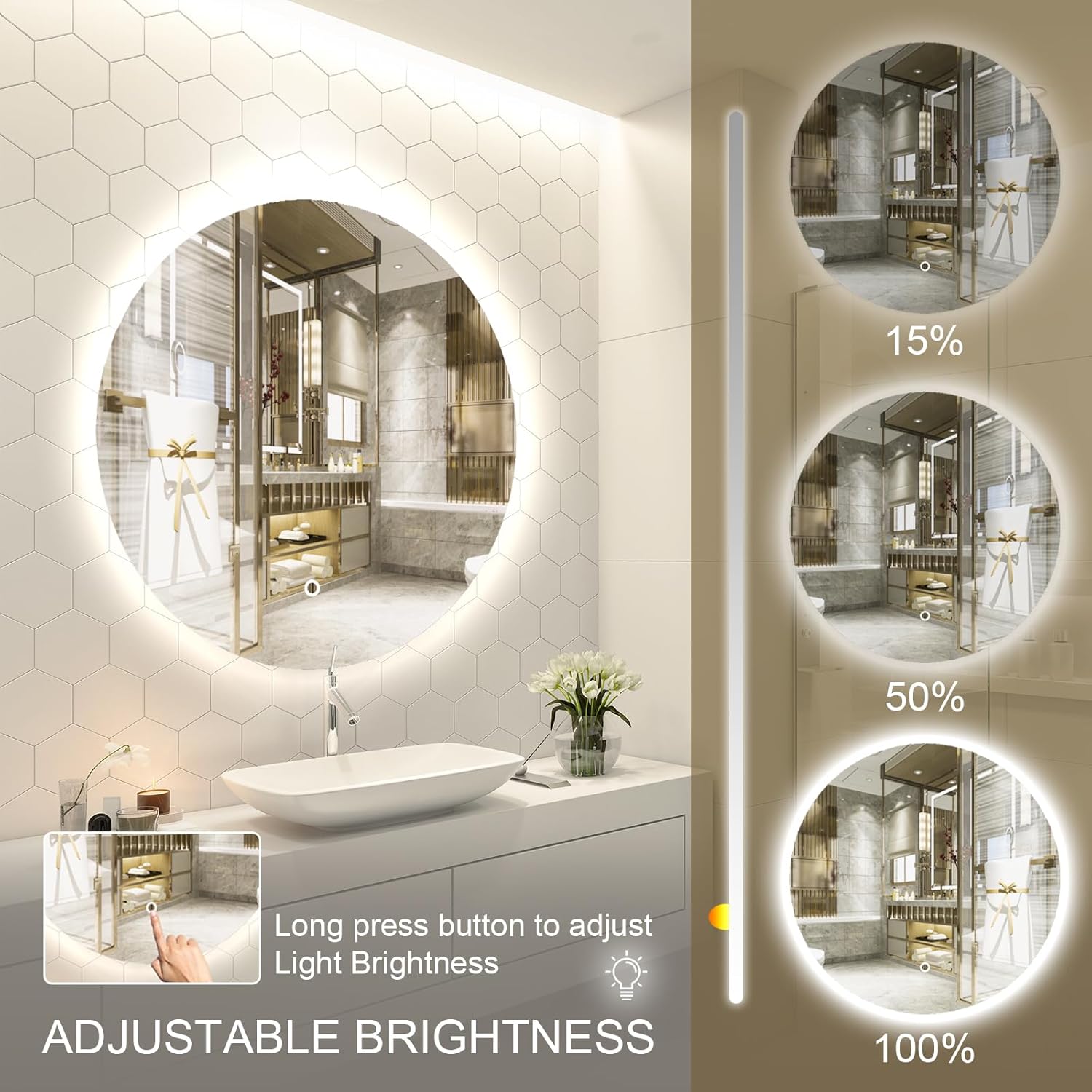 Espejo LED para baño de 24 pulgadas, retroiluminado con luces, táctil regulable inteligente, 3 modos de color, a prueba de roturas, redondo