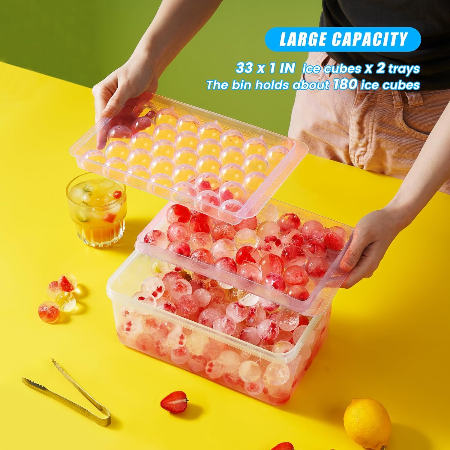 PHINOX – Bandeja redonda para cubitos de hielo con tapa y contenedor, bandejas de hielo redondas para congelador, bandejas de hielo para hacer