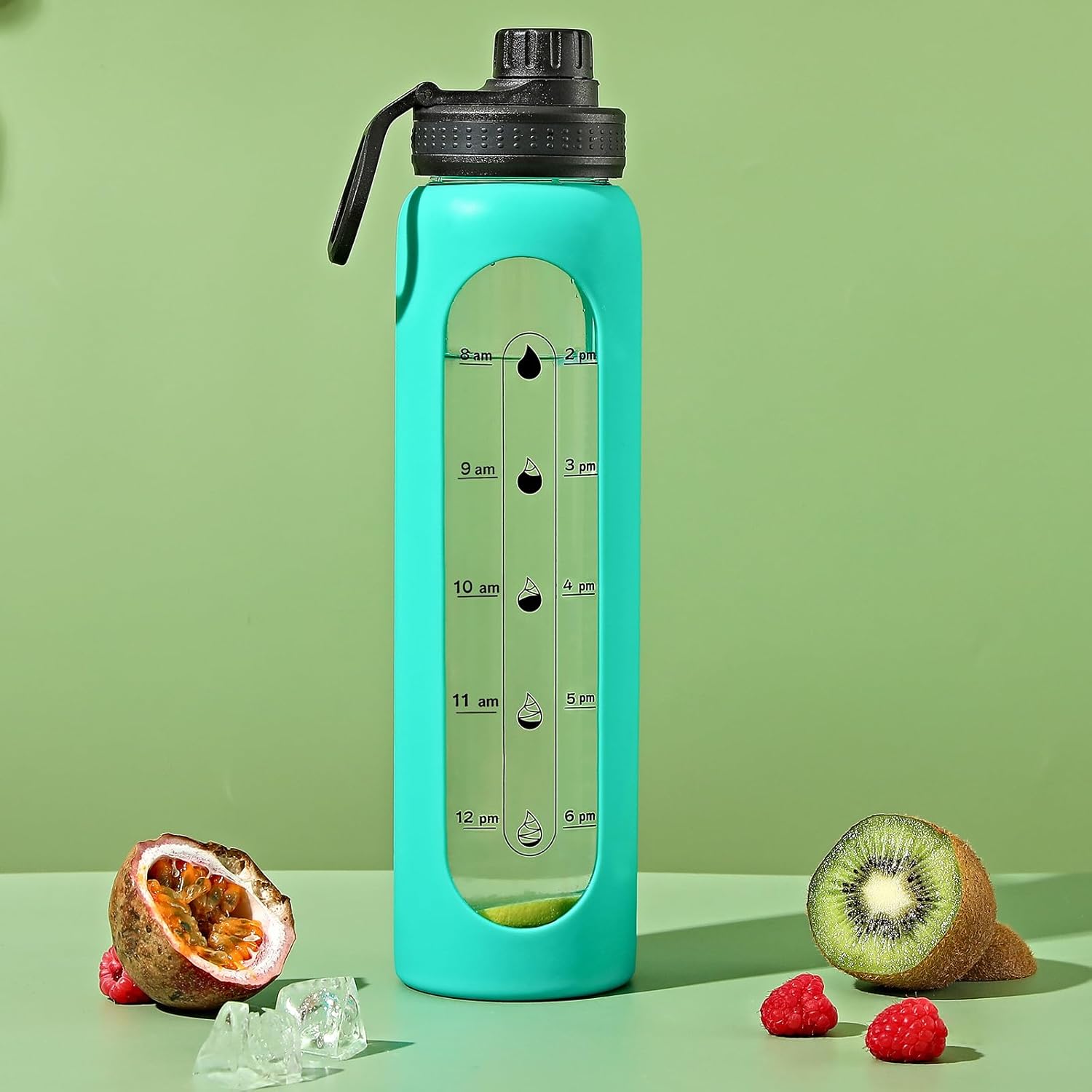 Botellas de agua de vidrio de 32 onzas con funda de silicona, botellas de hidratación para beber, reutilizables, sin BPA, borosilicato, boca ancha,