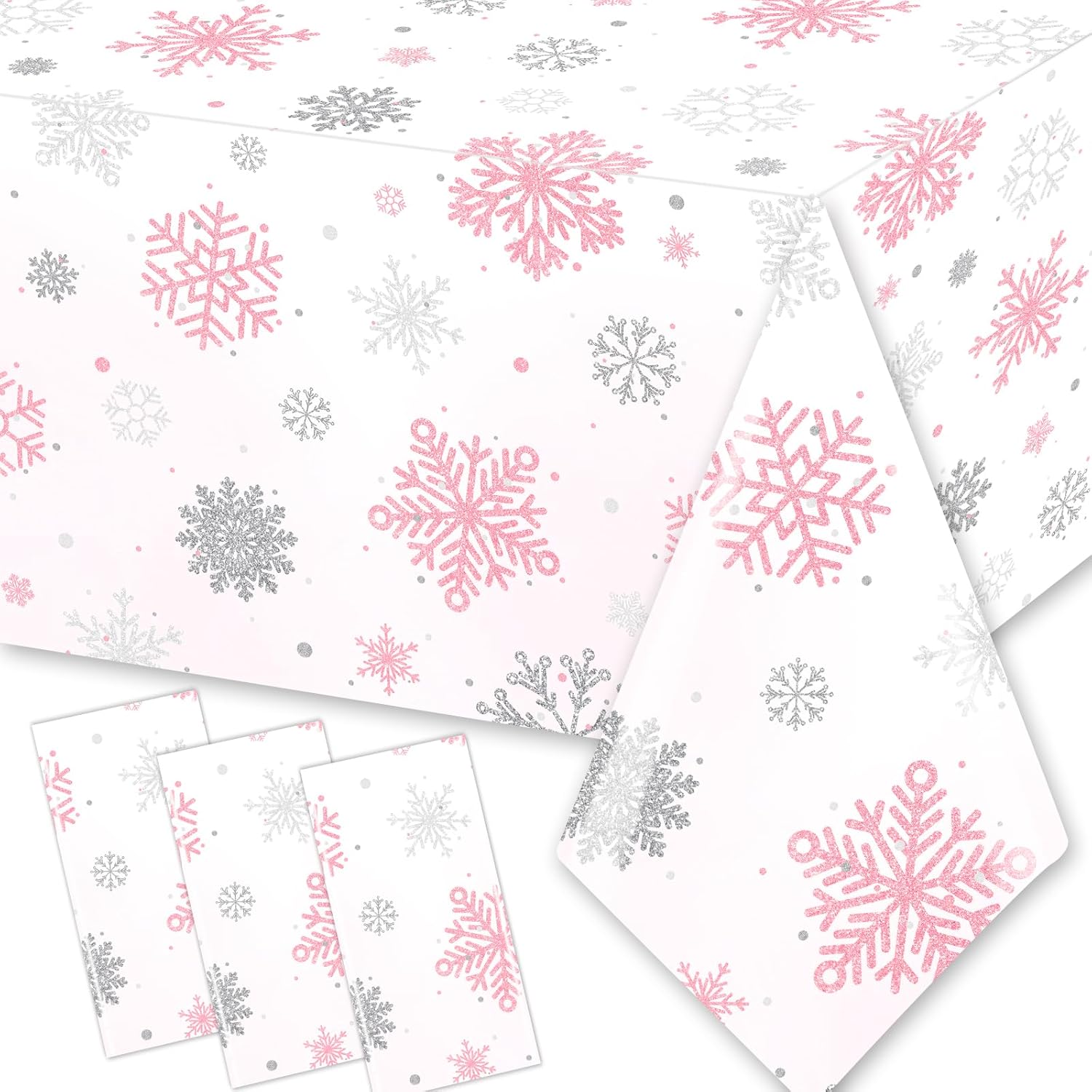 Mantel de invierno con diseño de copo de nieve, 3 piezas, decoración de fiesta de invierno, copos de nieve, rosa, blanco, temático de país de las