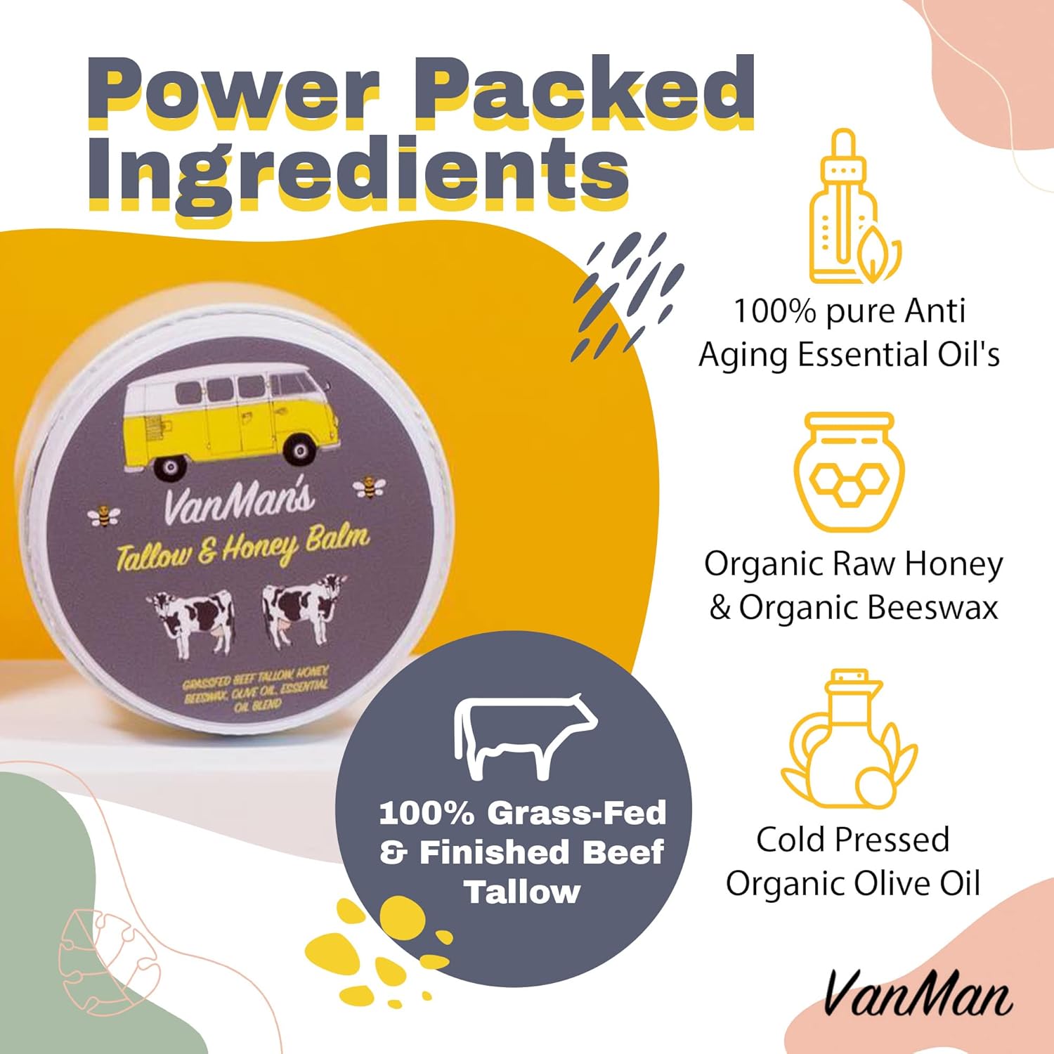Vanmans Tallow and Honey Balm (2 onzas)  Paquete de 3  Bálsamo de miel alimentado con hierba de ternera con vitaminas A, K, D, E y aceites