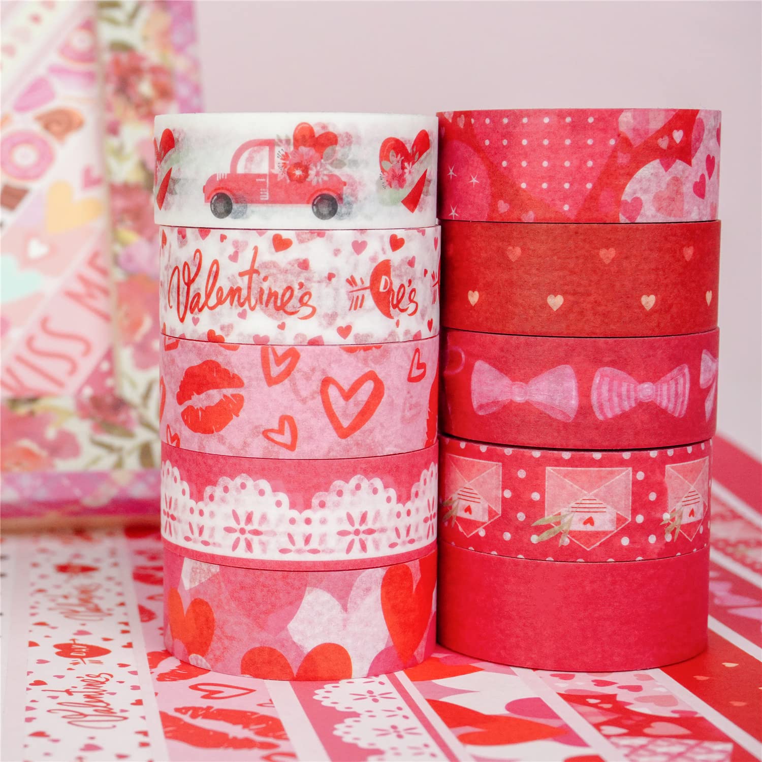 Zo.Yehaa 10 rollos de cinta adhesiva Washi para el día de San Valentín, boda, aniversario, rojo, cinta adhesiva decorativa para diario de viñetas,