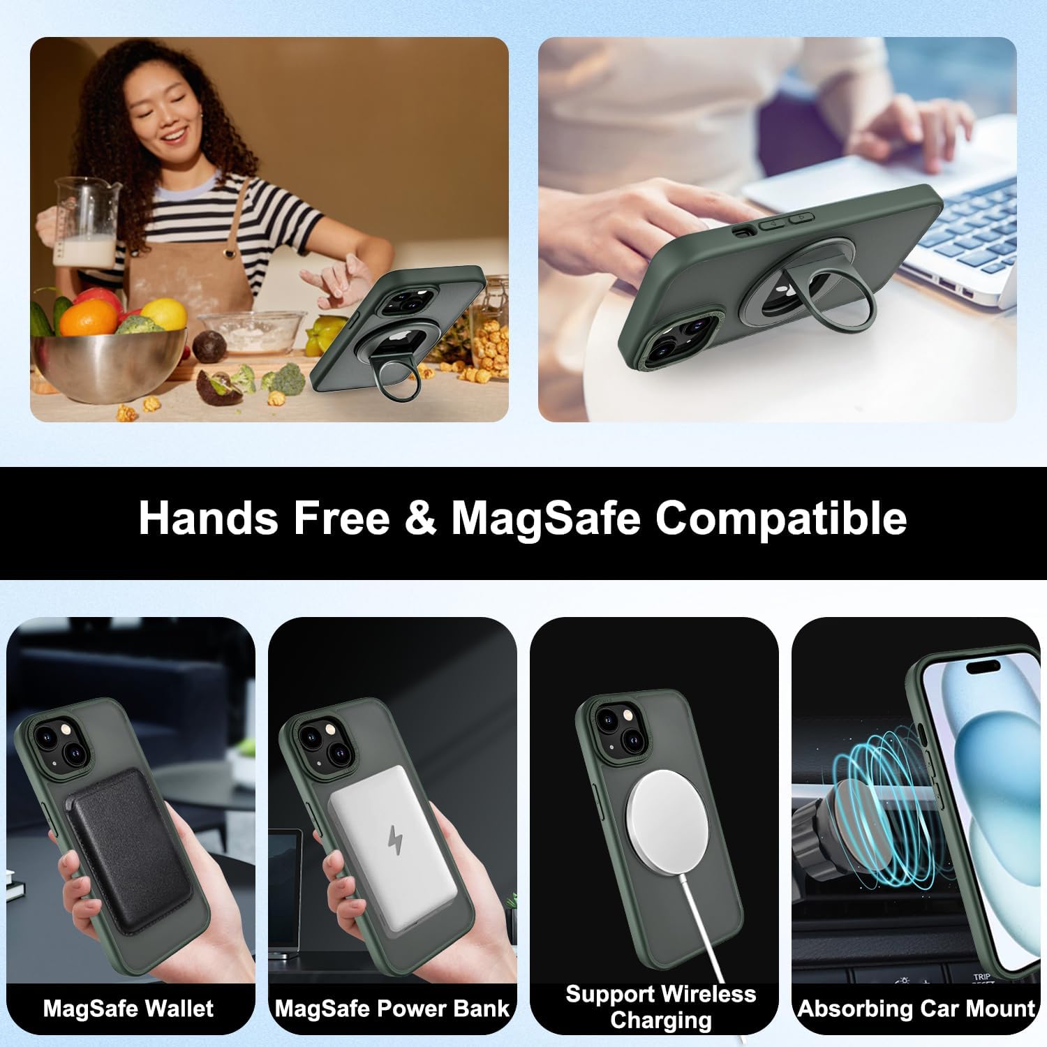 Funda para iPhone 15 Plus con soporte de anillo compatible con MagSafe Compatible con carga inalámbrica PC duro translúcido mate resistente a los