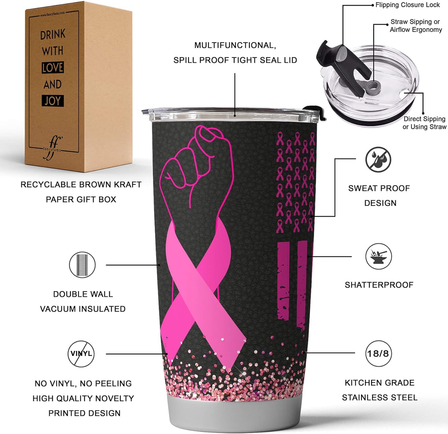 Vaso de café de acero inoxidable con aislamiento térmico de 20 onzas, regalos sobre el cáncer de mama, tazas de concientización sobre el cáncer de