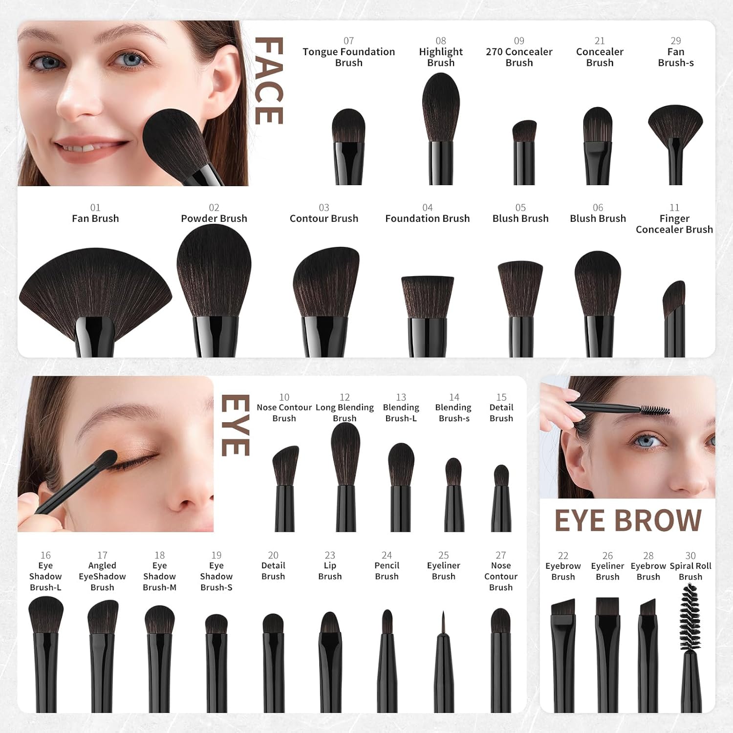 Docolor Juego de 30 brochas de maquillaje profesionales de obsidiana para maquillaje en polvo sintético de primera calidad, base Kabuki, contorno de