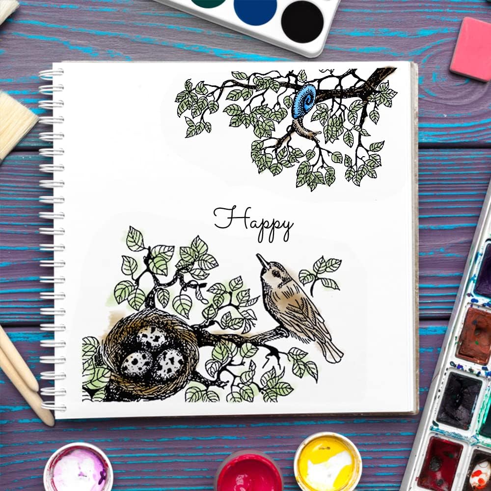 Árboles, pájaros, fondo, sellos transparentes para hacer tarjetas y diario, hojas de árbol florales, sellos de goma para álbumes de recortes,