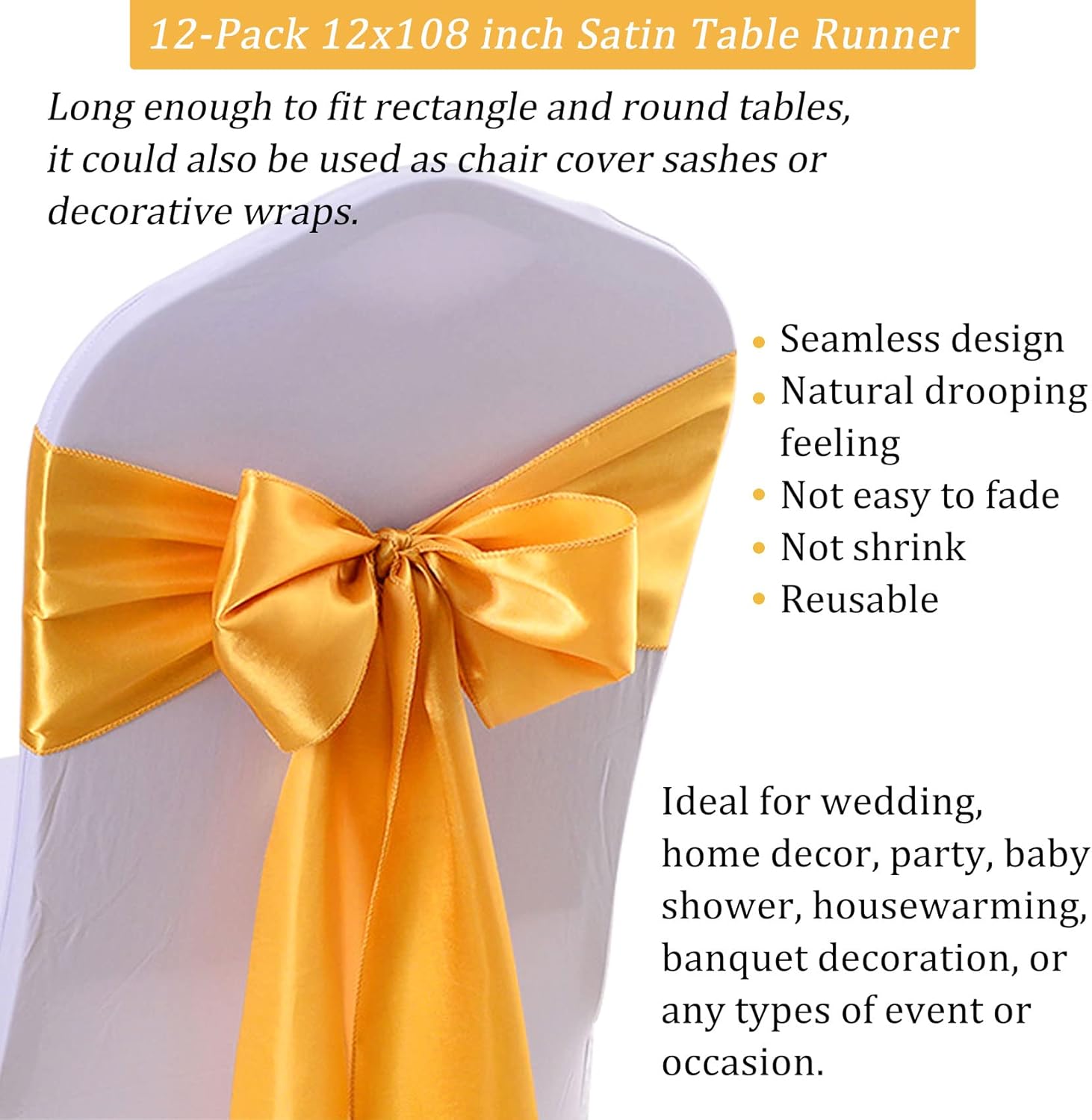 Camino de mesa de satén de 12 x 108 pulgadas de largo, color dorado, camino de mesa de tela de seda brillante y suave, para boda, banquete,