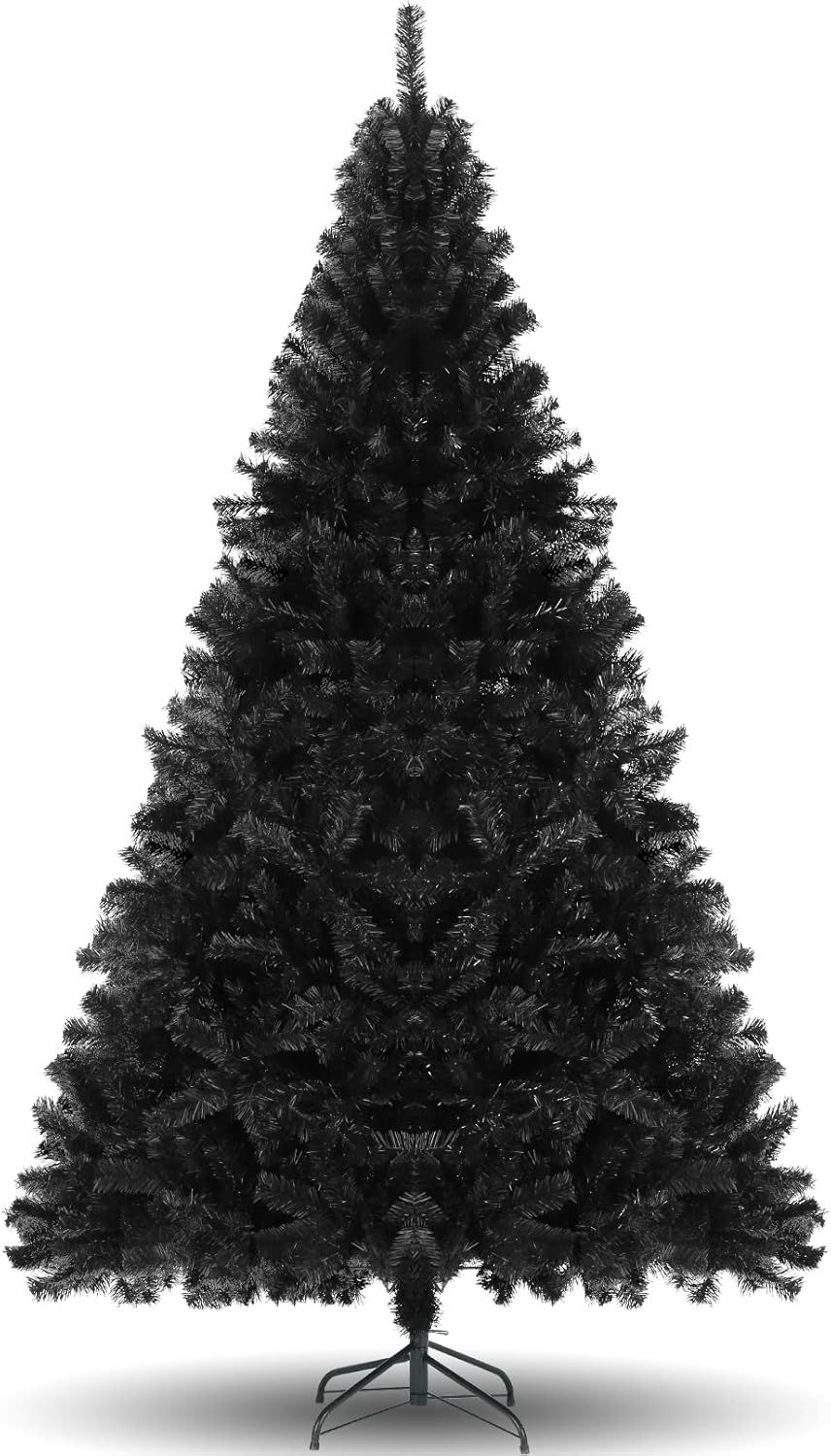 Árbol de Halloween artificial negro de 7.5 pies, sin luz, árbol de Navidad de abeto con bisagras de alta calidad con 1346 puntas de ramas y soporte