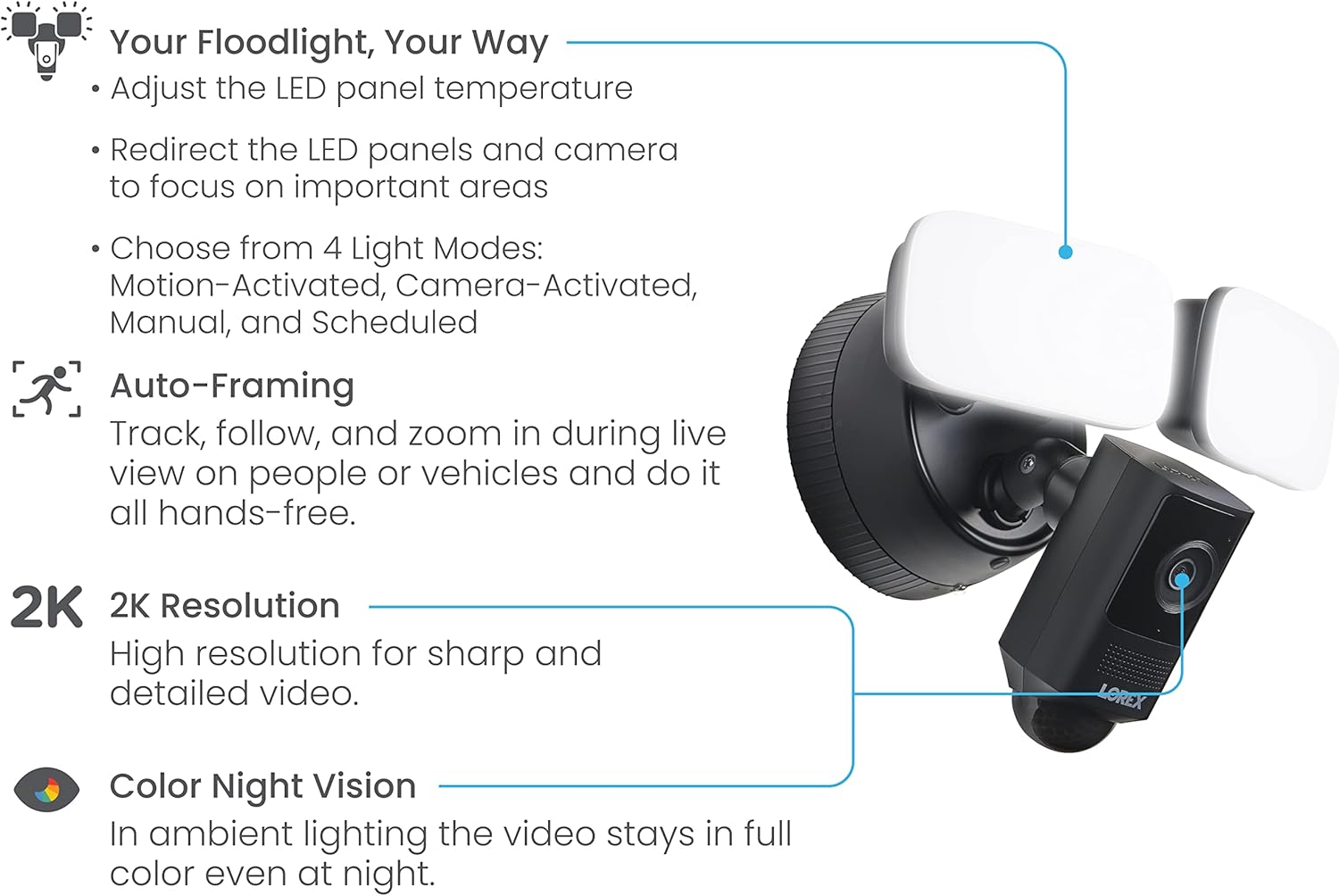 Lorex Cámara de reflector Wi-Fi 2K con LED ajustables, detección de movimiento inteligente, conversación de 2 vías, visión nocturna a color, color