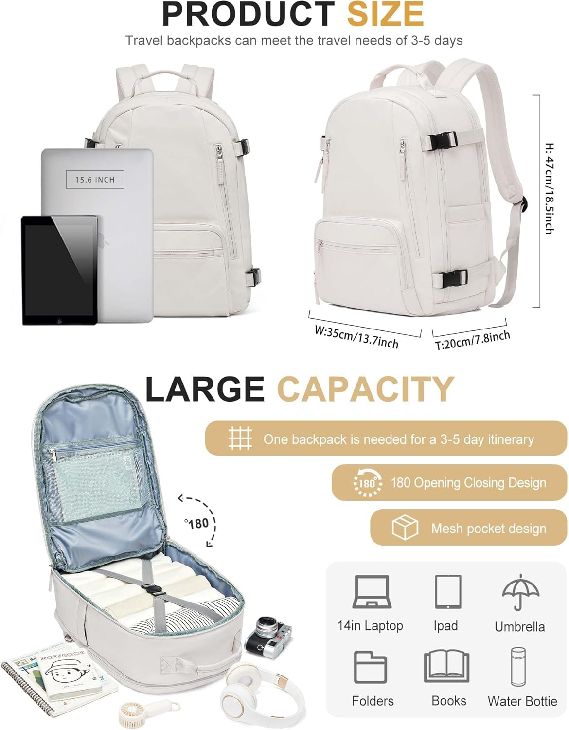 SEAFEW Mochila de viaje para mujer, mochila de mano aprobada por vuelo, mochilas casuales para cabaña, Blanco con compartimento para zapatos