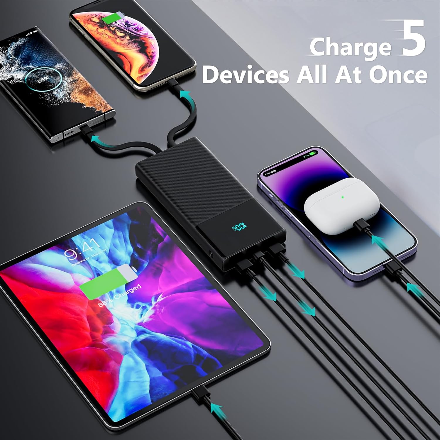 Cargador portátil con 2 cables integrados (USB-C e iOS), cargador de teléfono duradero de carga rápida PD de 13000 mAh con pantalla LED, cargador de