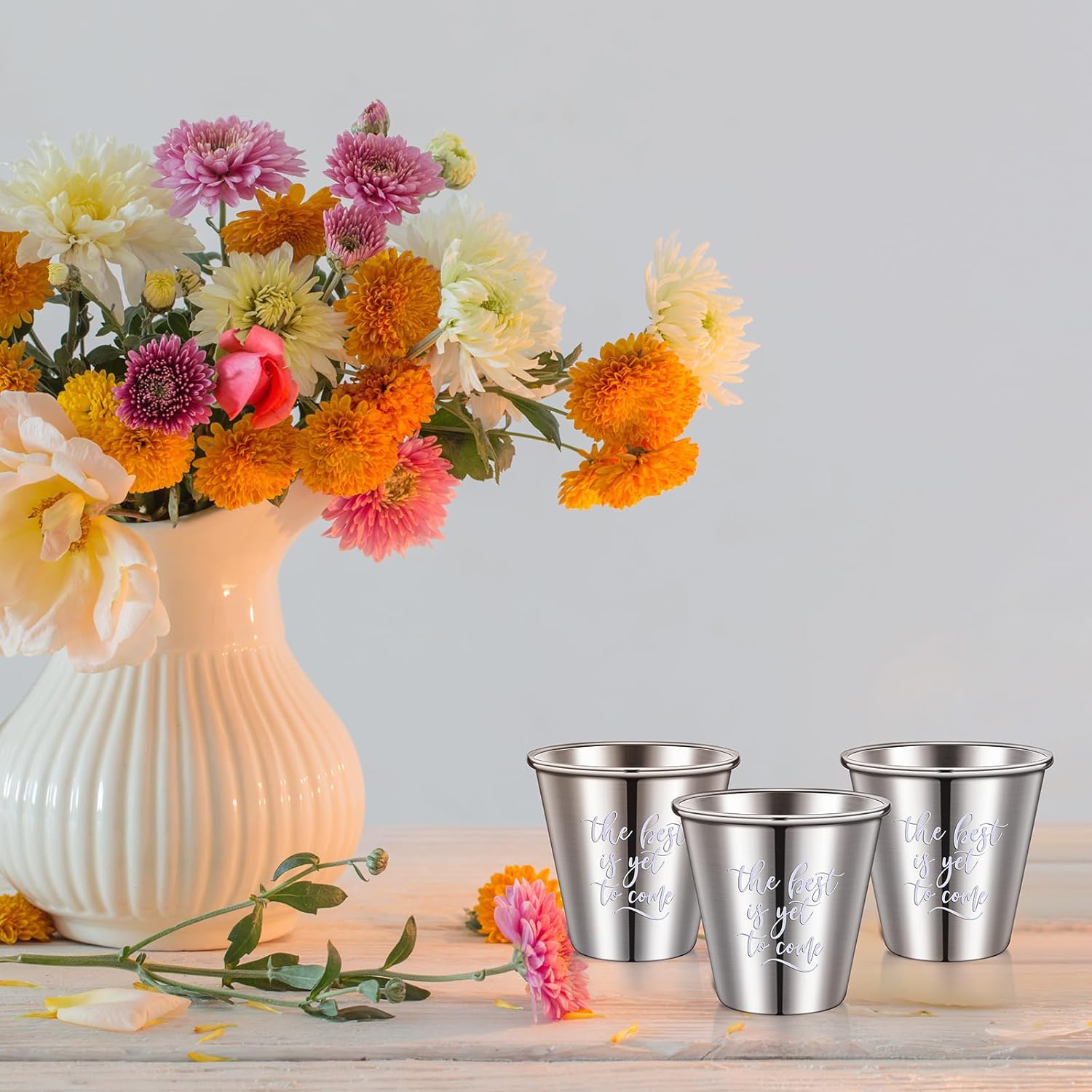 Juego de 48 vasos de chupito de acero inoxidable de 2.3 onzas, regalos de boda, inspiradores y divertidos, pequeños vasos de chupito de metal, vasos