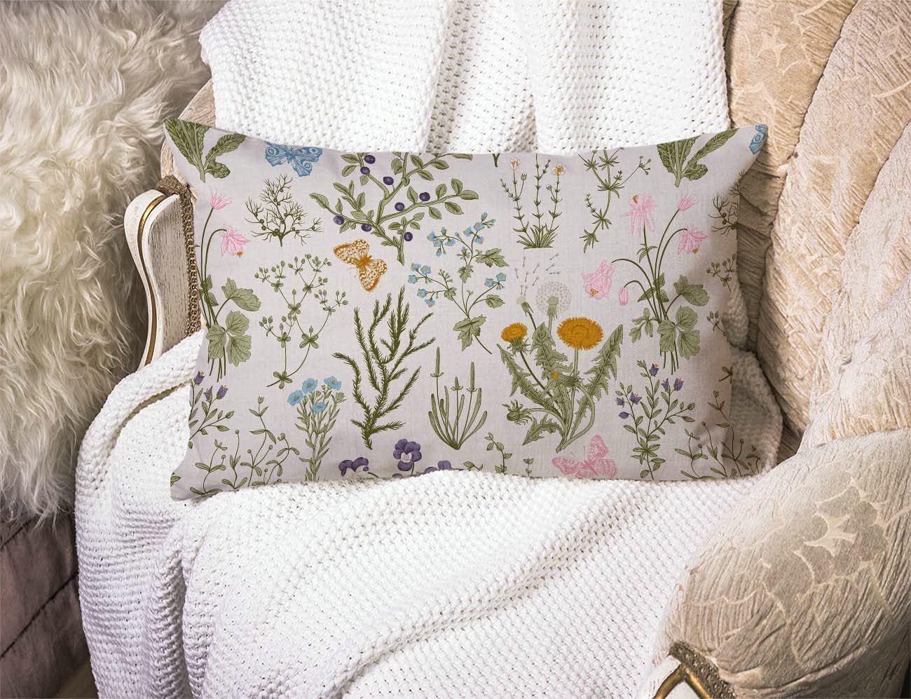 Funda de cojín decorativa de lino y algodón botánico con plantas de jardín vintage con hierbas, flores, para sofá, cama, 12 x 20 pulgadas