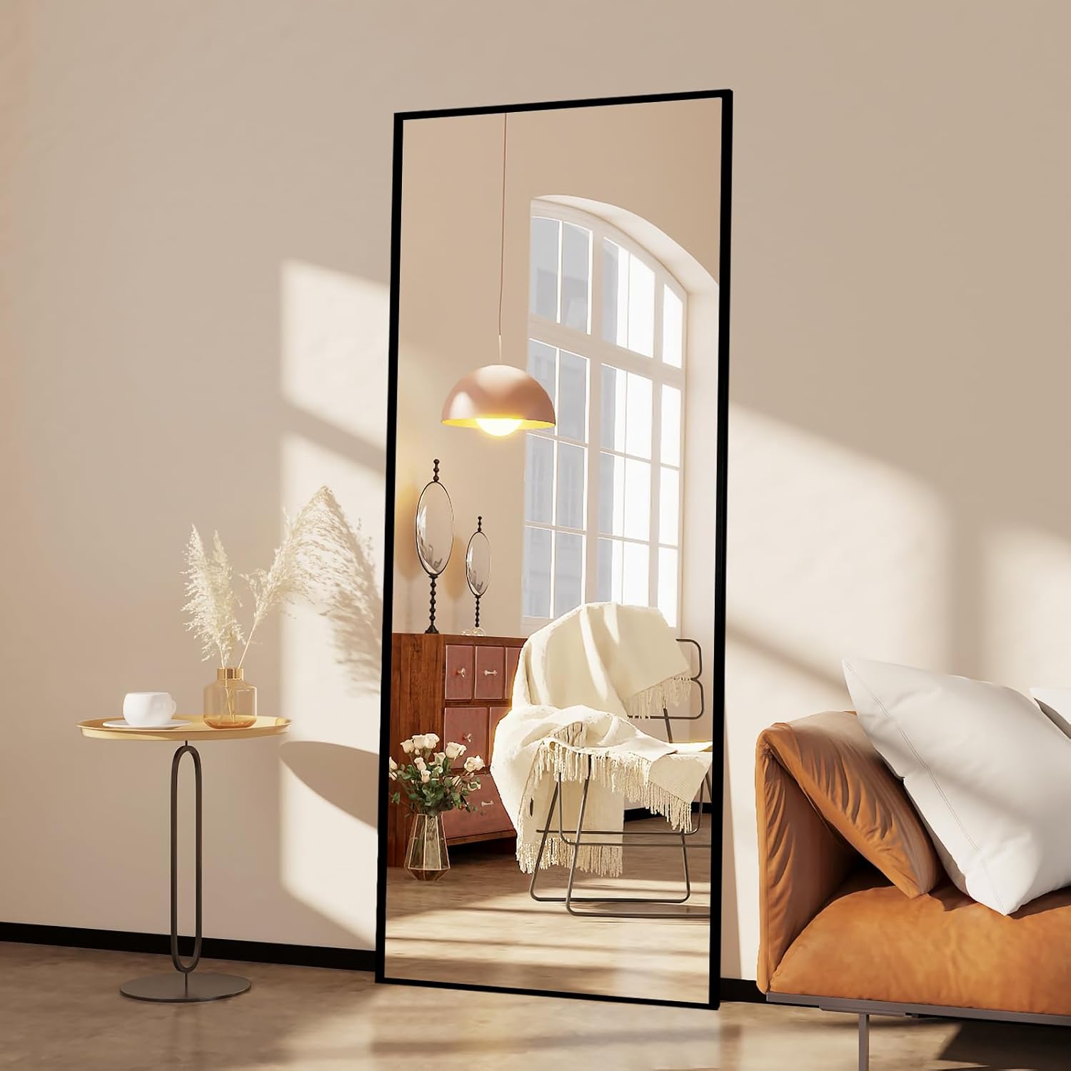 Espejo de longitud completa con soporte, espejo de 65 x 24 pulgadas, espejo de cuerpo negro con marco de aluminio, espejo de pie rectangular, espejo