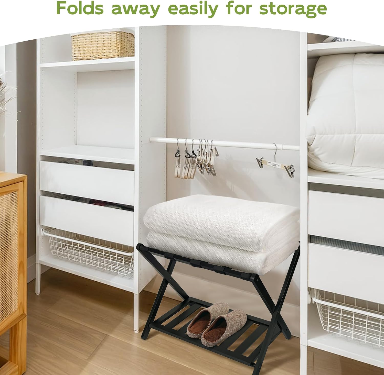RAINHOL Portaequipajes plegable para habitación de invitados, 1 unidad, soporte de maleta montado con estante de almacenamiento, soporte de equipaje
