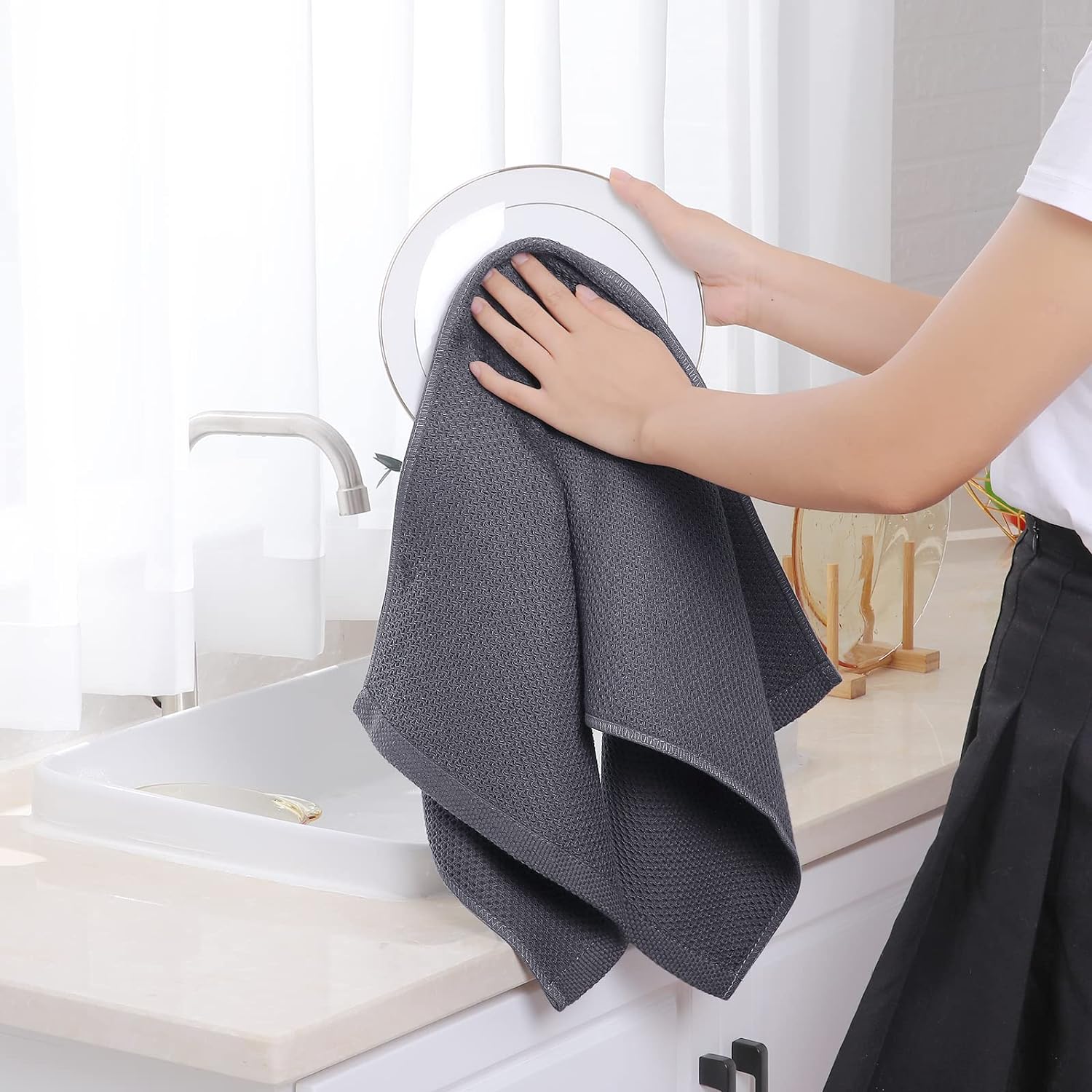 Homaxy Toallas de cocina 100% algodón con tejido de gofre, ultra suaves, absorbentes, de secado rápido, 13 x 28 pulgadas, paquete de 6, gris oscuro