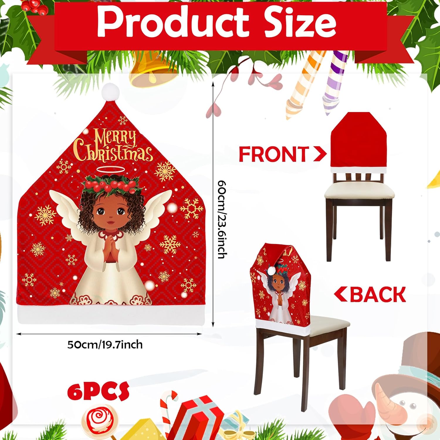 6 fundas para sillas de Navidad, decoración de Papá Noel, sombrero rojo, negro, Papá Noel, estilo ángel africano, funda para silla, cubierta