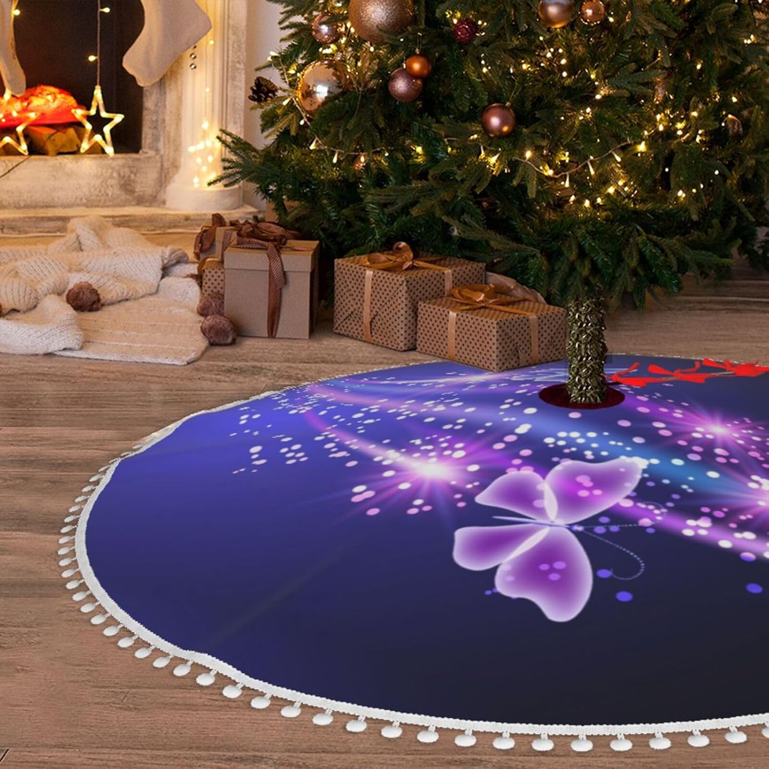 Falda de árbol de Navidad de 30 pulgadas, decoración de árbol de Navidad morada, impermeable, con ribete de pompones, decoración rústica de granja