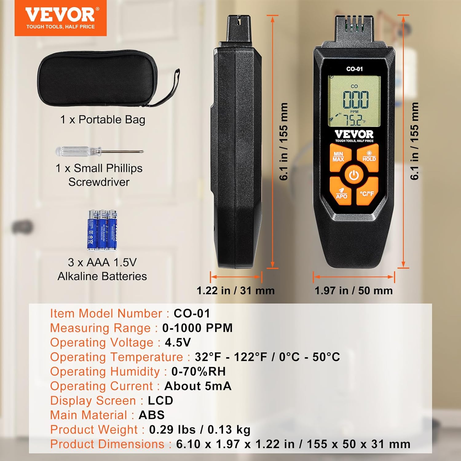 VEVOR Detectores de monóxido de carbono, detector de CO portátil de 0 a 1000 PPM con alarma audible y visual, medidor de gas CO portátil con sensor