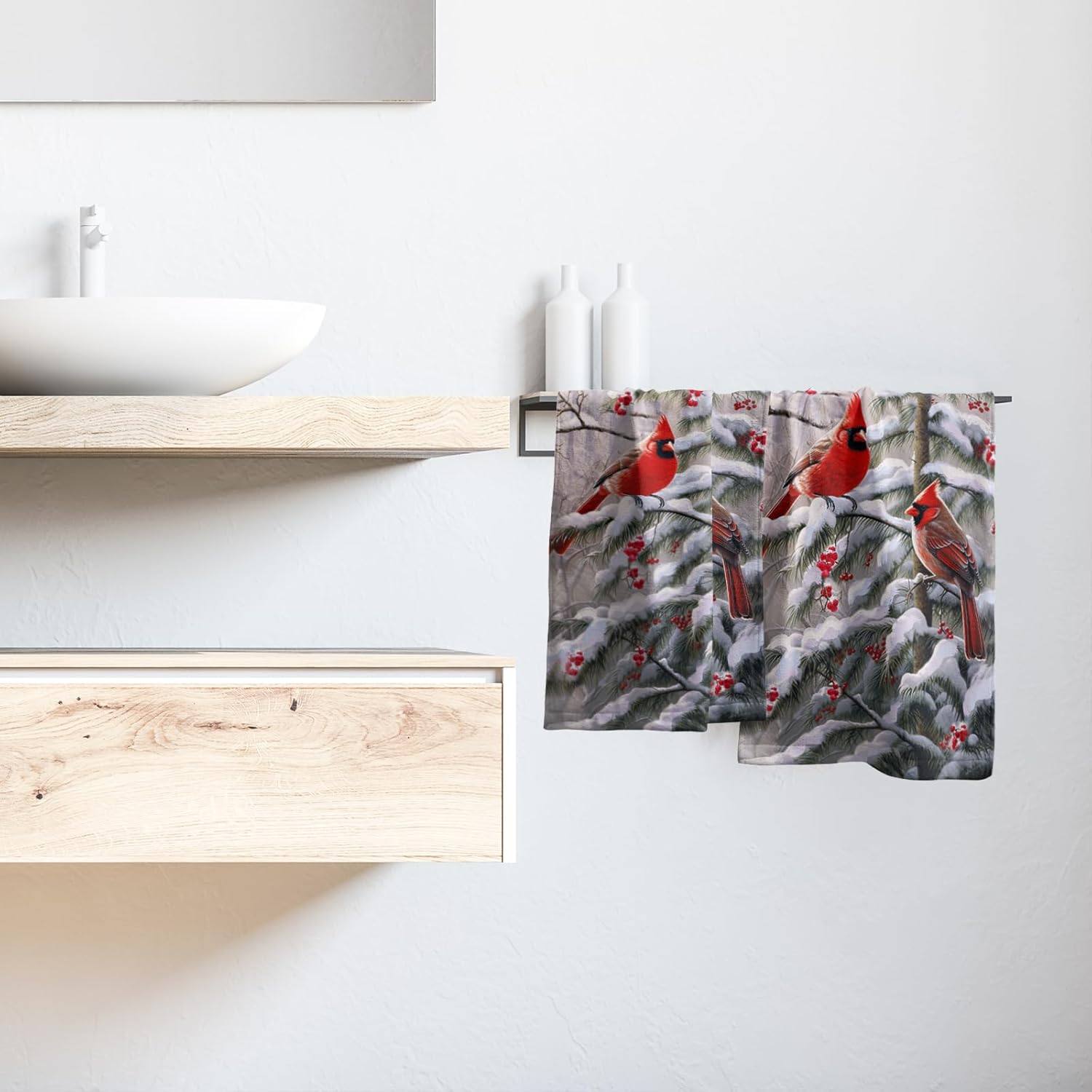 Red Bird – Juego de 2 toallas de mano decorativas para baño, diseño de bayas de invierno, suaves y absorbentes, para el hogar, cocina, gimnasio