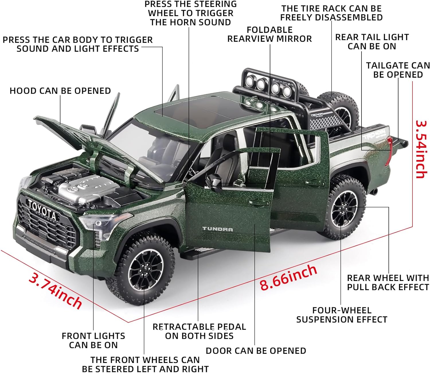 Toy Trucks for Boys 124 Tundra Diecast Metal Model Toy Pickup Truck Pull Back Car Model with Light and Sound Toy Trucks for Boys Age 4-7(Green)
