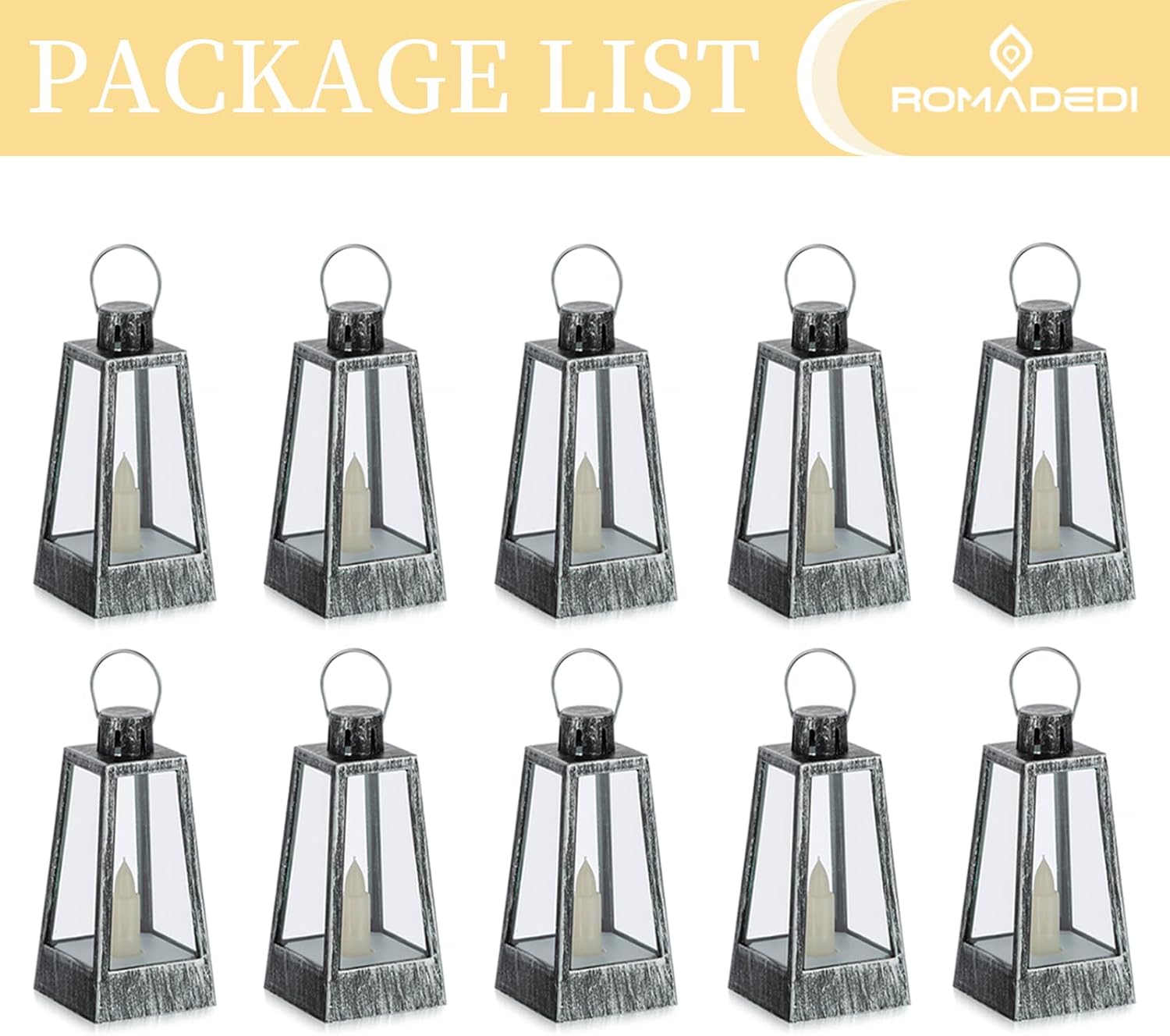Romadedi Mini farol decorativo para centros de mesa, 10 linternas de vela vintage plateadas con velas LED parpadeantes para mesa de boda, decoración