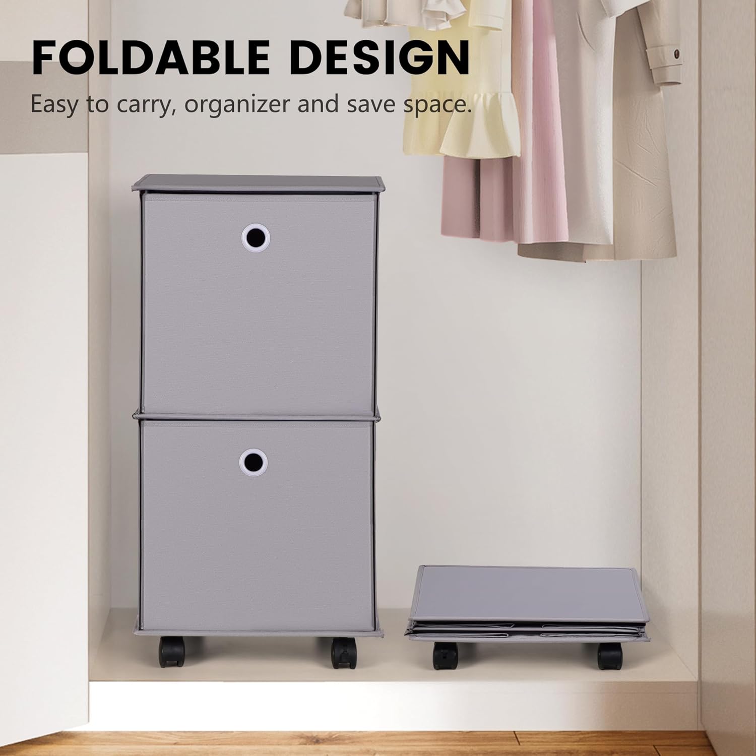 JOMOLA Cómoda de tela enrollable con 2 cajones, organizador plegable para ropa, gris, ligero, cajón de almacenamiento para dormitorio, sala de