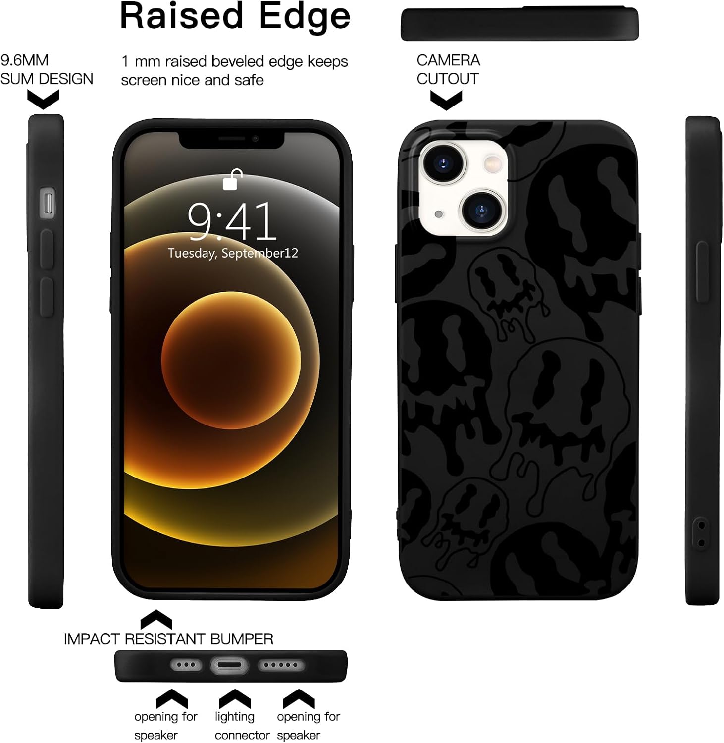 Idocolors Bonita funda flotante de fantasma negro compatible con iPhone 11, funda de silicona líquida para ojos grandes y boca, goma de gel suave,