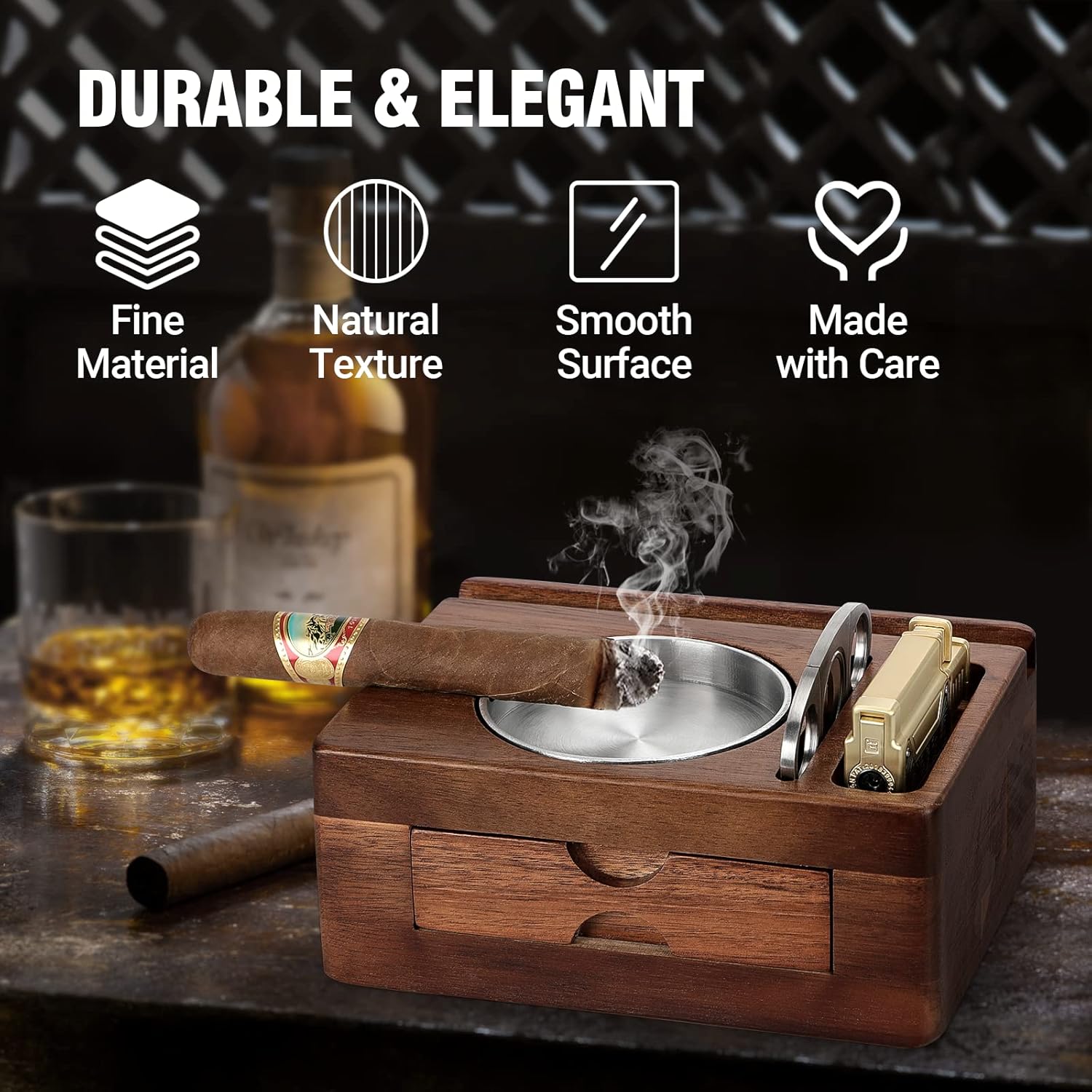 Cenicero de cigarros, ceniceros de madera con cortador de puros, soporte para tableta de teléfono, soporte para cigarrillos, cajón de accesorios y