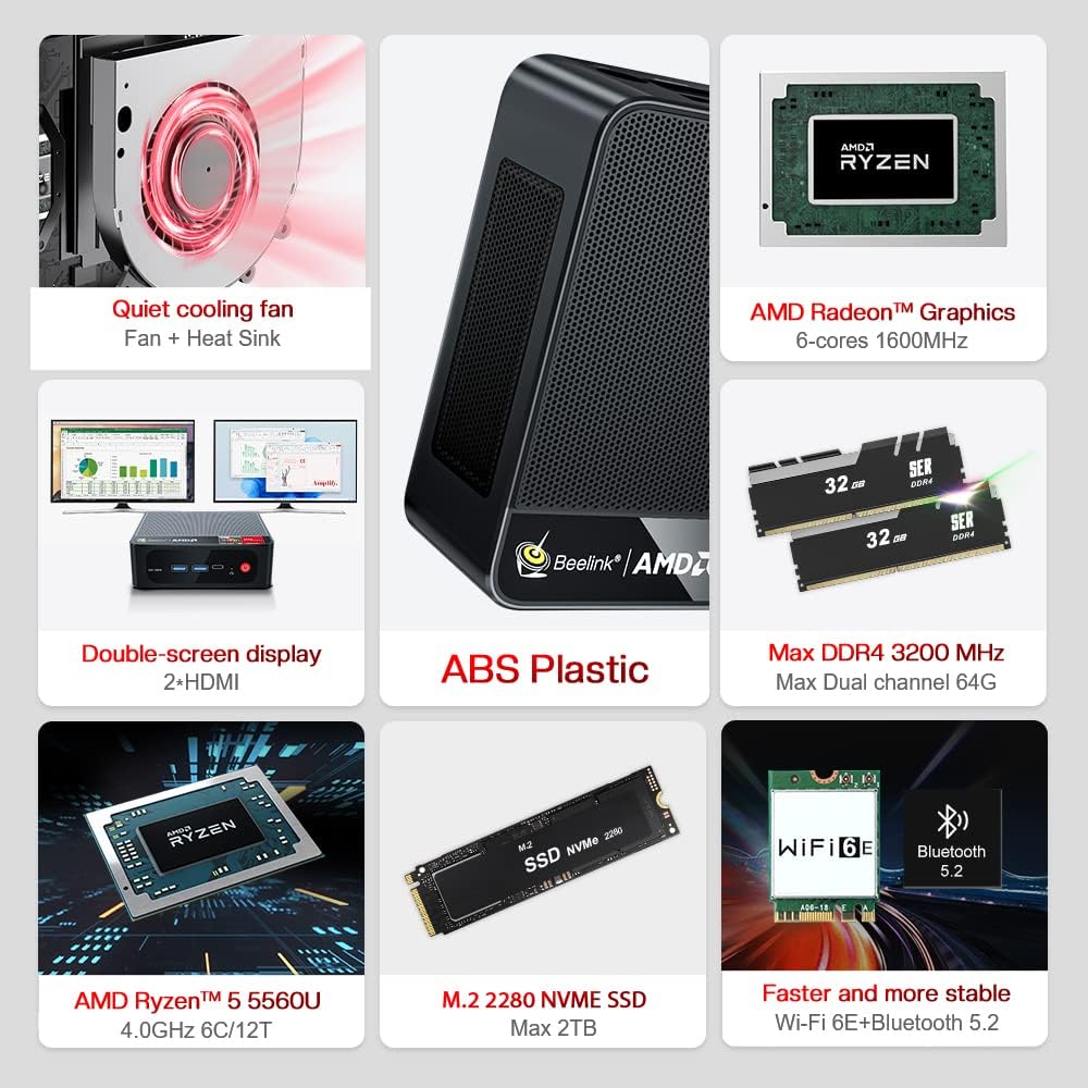 Beelink SER5 Mini PC W11 Pro, AMD Ryzen 5 5560U (6C12T hasta 4 GHz), 8 GB DDR4 500 GB NVME SSD Graphics 7 core 1800 MHz WiFi 6BT5.2triple pantalla