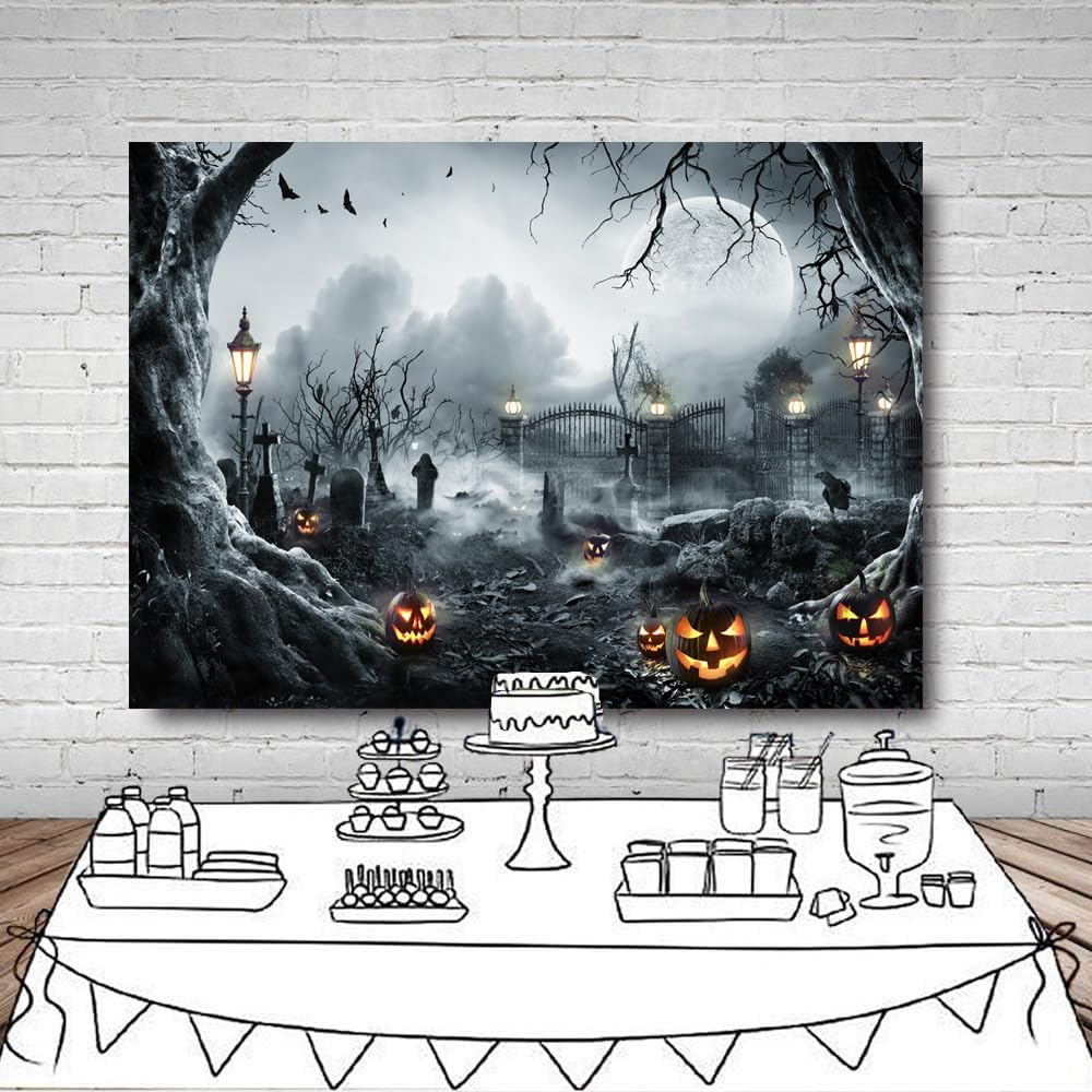 LYWYGG Telón de fondo de Halloween de 7 x 5 pies para fotografía, fondo de noche de terror, telón de fondo de luna de calabaza aterradora para