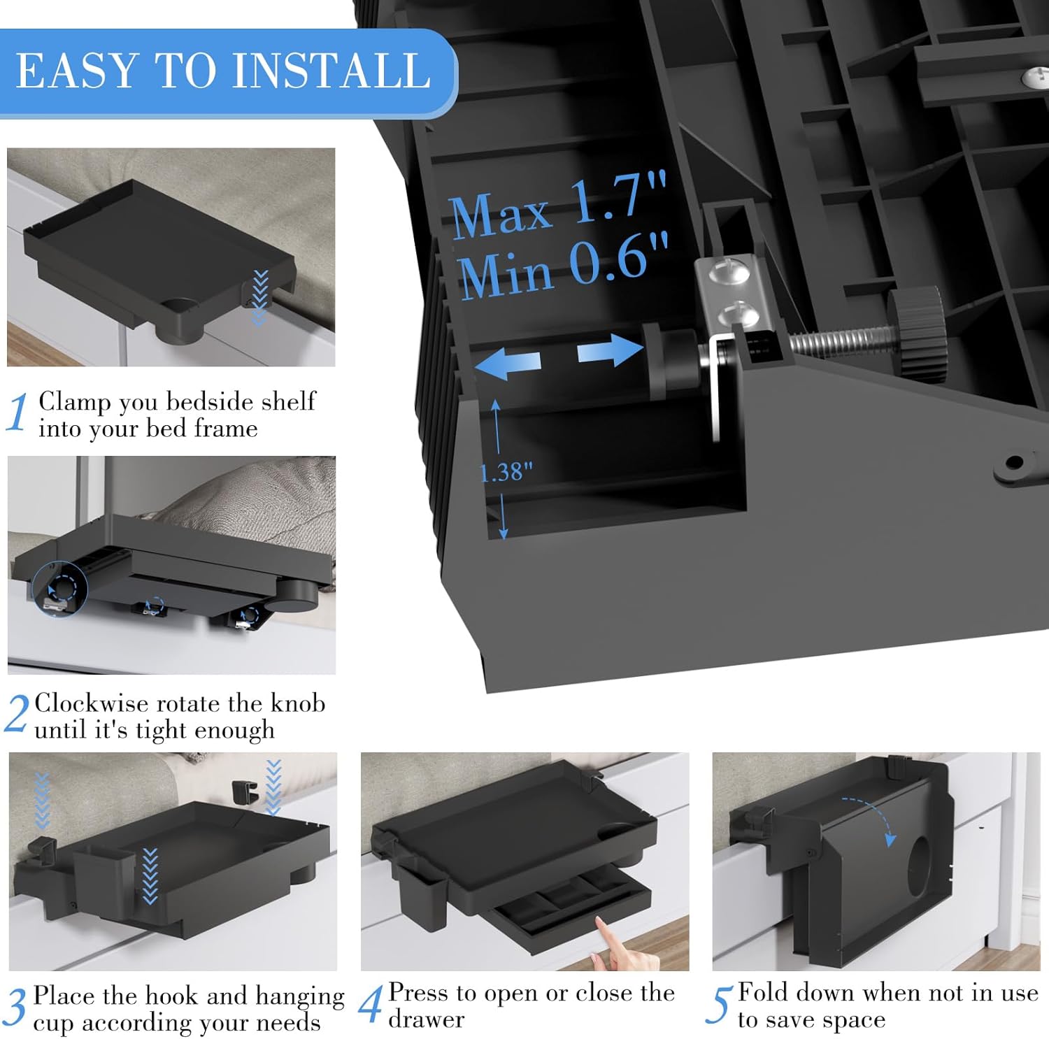 SPACEKEEPER Estante de noche para cama, litera plegable con clip, mesita de noche para litera superior, dormitorio universitario, artículos