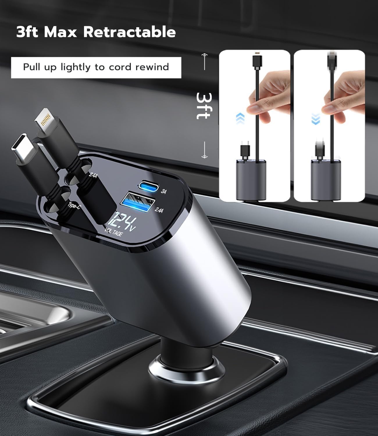 Cargador de coche retráctil 4 en 1 con cable USB retráctil dual, puerto USB A PD medidor de voltaje adaptador de encendedor de cigarrillos USB para