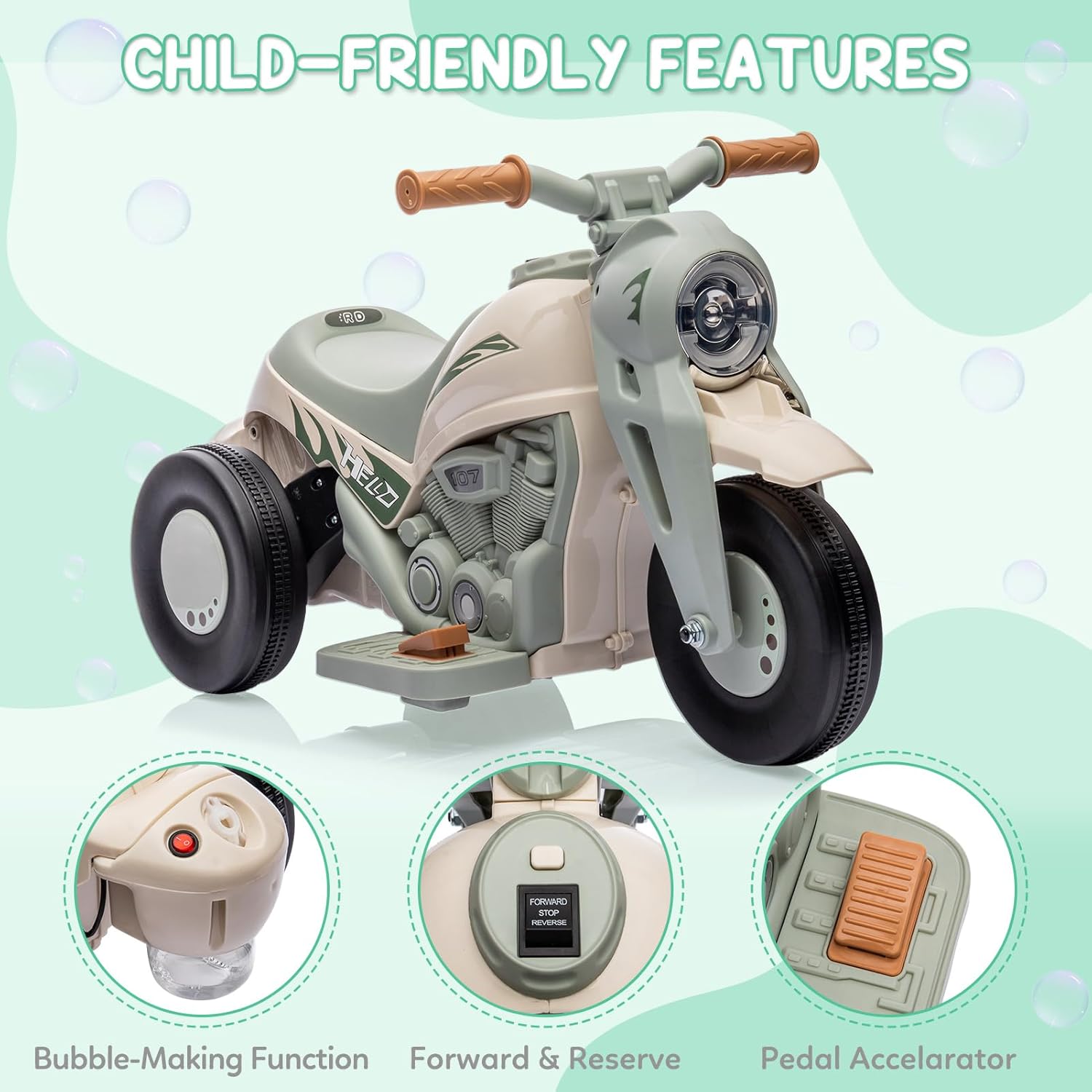 Motocicleta para niños con función de burbujas, juguete de motocicleta de 6 V con faros LED, música, pedal, adelantereserva, auto eléctrico de