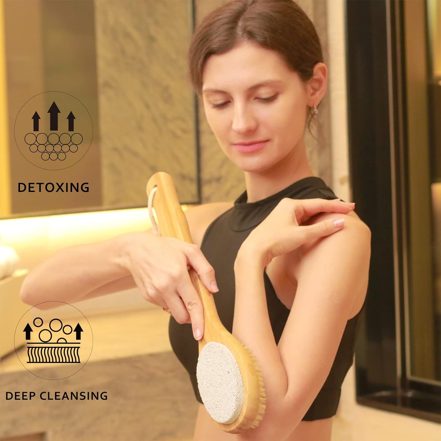 Cepillo de baño y ducha de mango largo 2 en 1, cepillo de baño, cerdas de jabalí con piedra pómez, exfolia y suaviza la piel, cepillo corporal de
