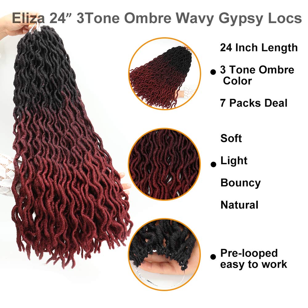 Eliza – Extensiones de cabello trenzado sintético, de rizos gitanos, ondulados, teñido degradado estilo ombre, 8 paqueteslotes, 100 % kanekalon,
