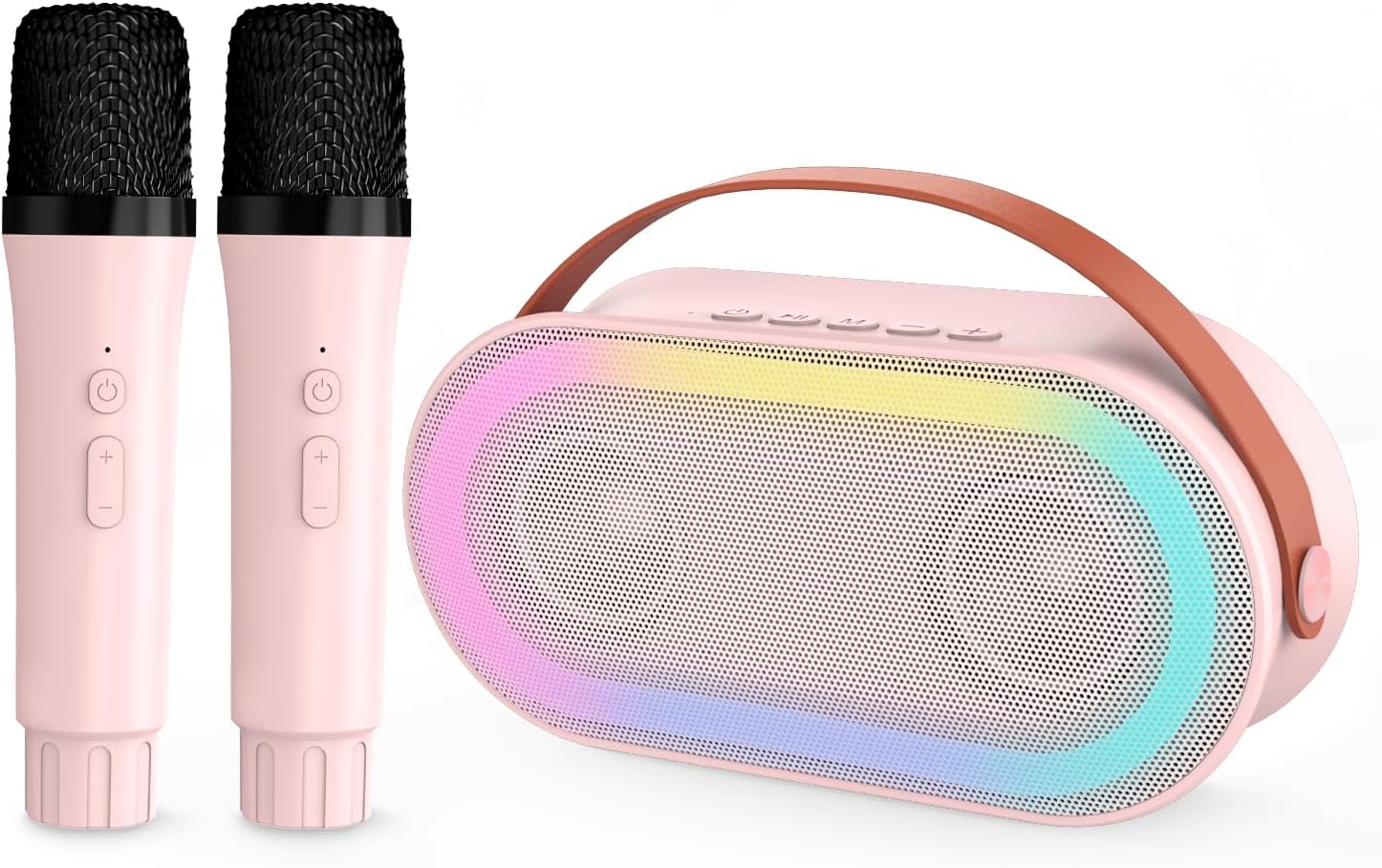 VeGue Mini máquina de karaoke con 2 micrófonos inalámbricos, altavoz Bluetooth portátil con sonido estéreo bajo con luces LED para niñas y niños de