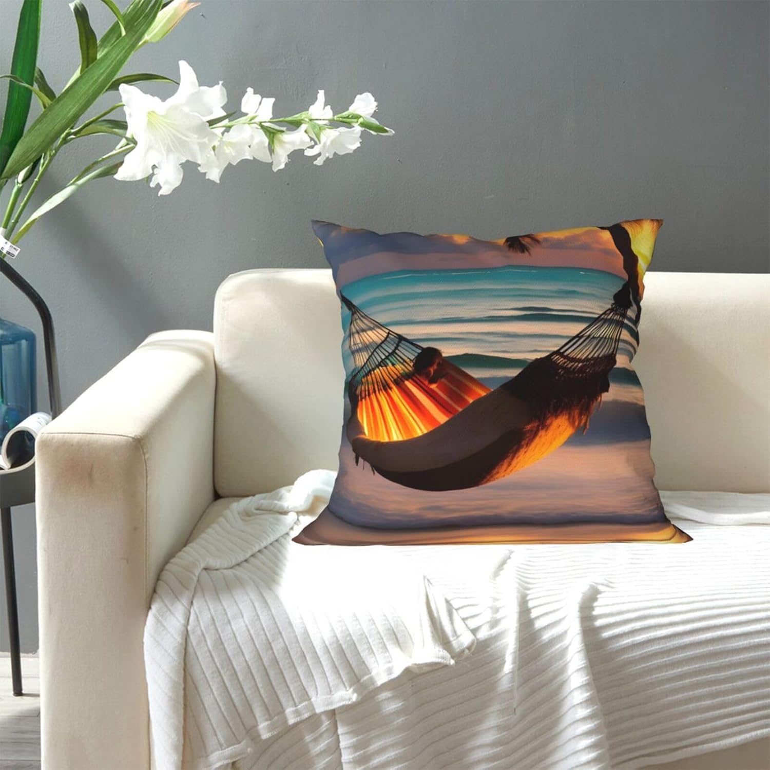 Hamaca de playa con diseño de puesta de sol, fundas de cojín decorativas para sofá, cama, sofá, sala de estar, dormitorio, automóvil