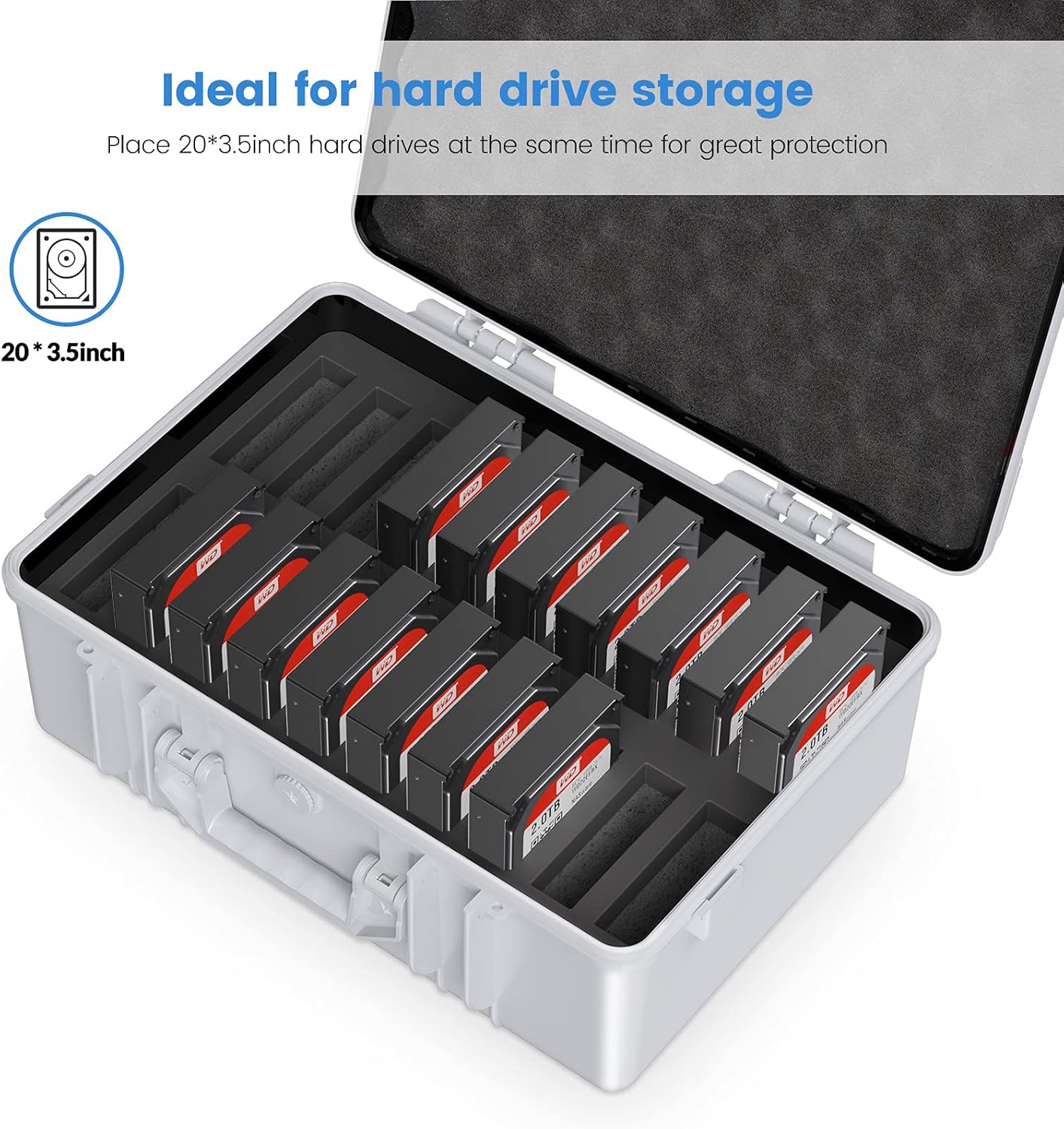 ORICO Funda para disco duro de 3.5 pulgadas, 20 bahías, HDDSSD, maleta de almacenamiento multiprotección con funda rígida de espuma, a prueba de