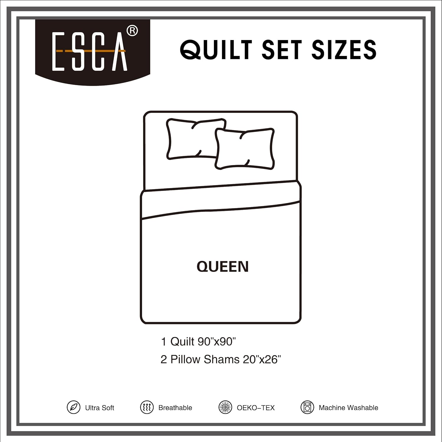 ESCA Kuniko – Juego de colcha reversible de 3 piezas con 2 fundas de almohada, tamaño matrimonialqueen