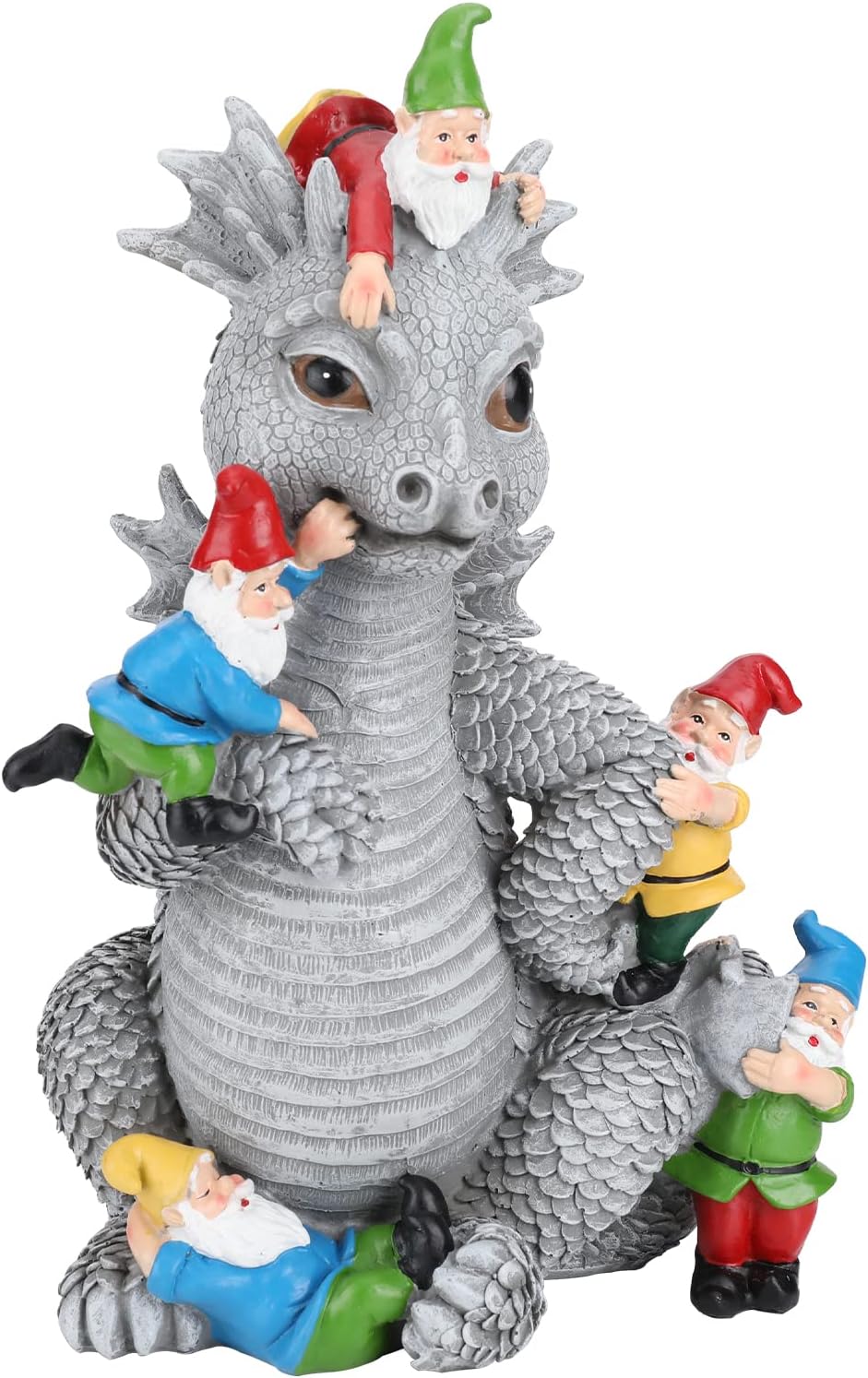 Estatuas de gnomo de dragón para decoración al aire libre, juego de dinosaurios de 13 pulgadas con gnomos, estatua de jardín para decoración de