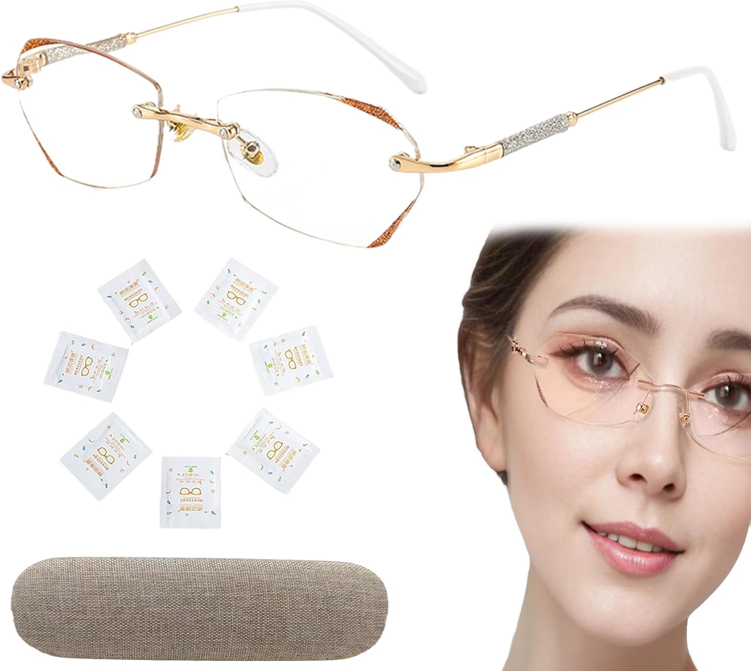 FACECOI Gafas de presbicia de luz anti-azul sin montura de diamante para mujer, gafas de lectura sin montura de luz azul de moda