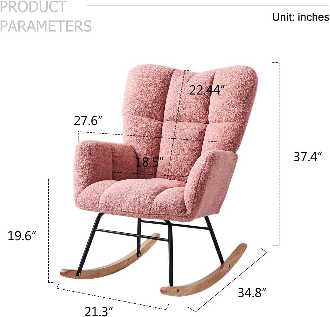 Mecedora de tela de peluche, respaldo alto, balancín de guardería, moderno reclinable para sala de estar, dormitorio, lectura acogedora, color rosa