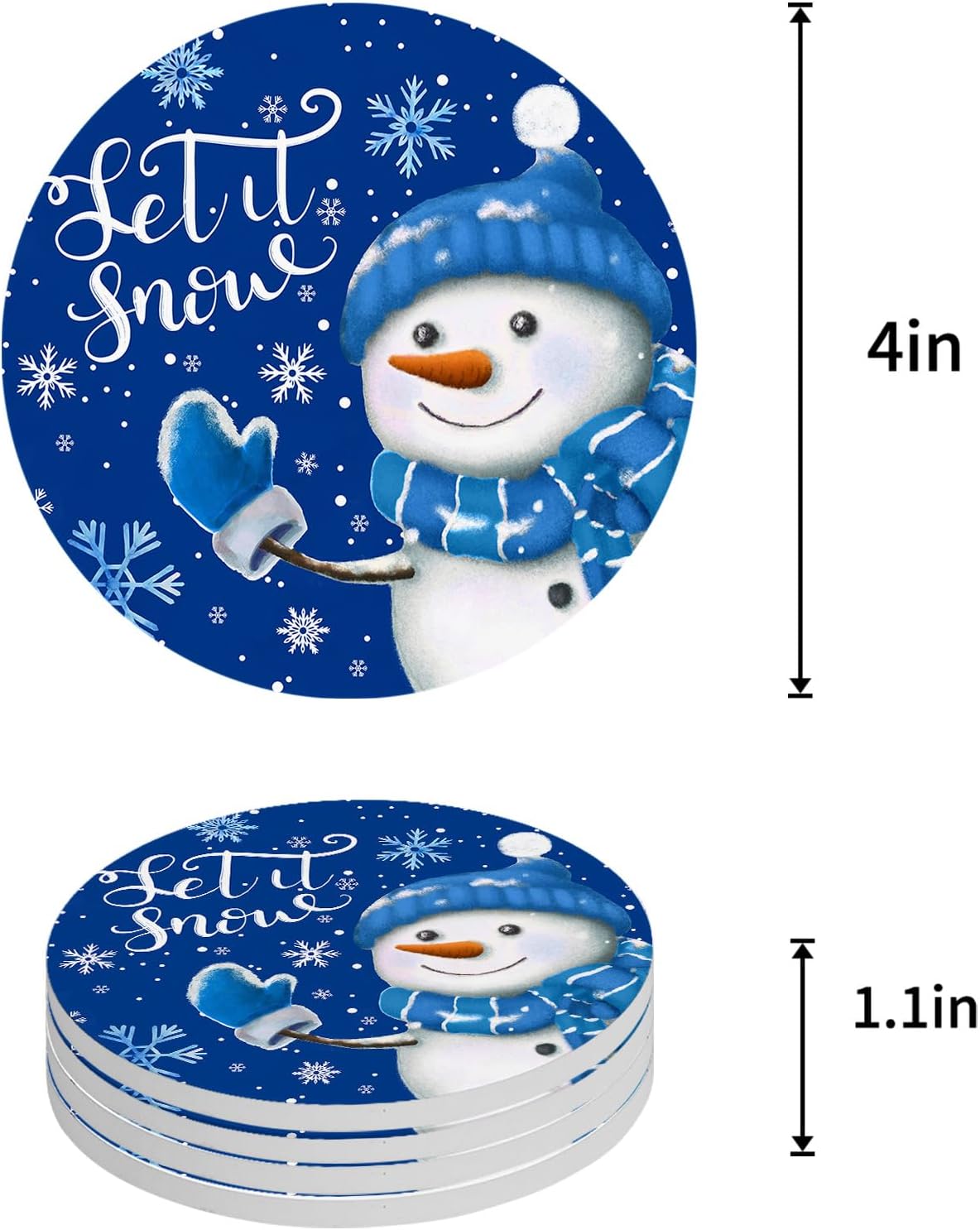 Juego de 4 posavasos de Navidad para bebidas, juego de 4 con soporte, muñeco de nieve de Navidad, copos de nieve de invierno, tapete de cerámica